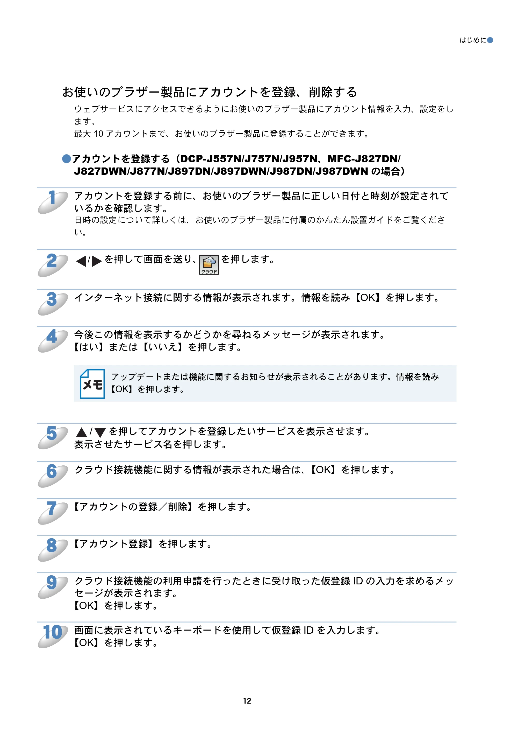 ブラザー DCP-J557N / DCP-J757N / DCP-J957N クラウド接続ガイド — お使いのブラザー製品にアカウントを登録、削除する — 原本ページ — 12ページ
