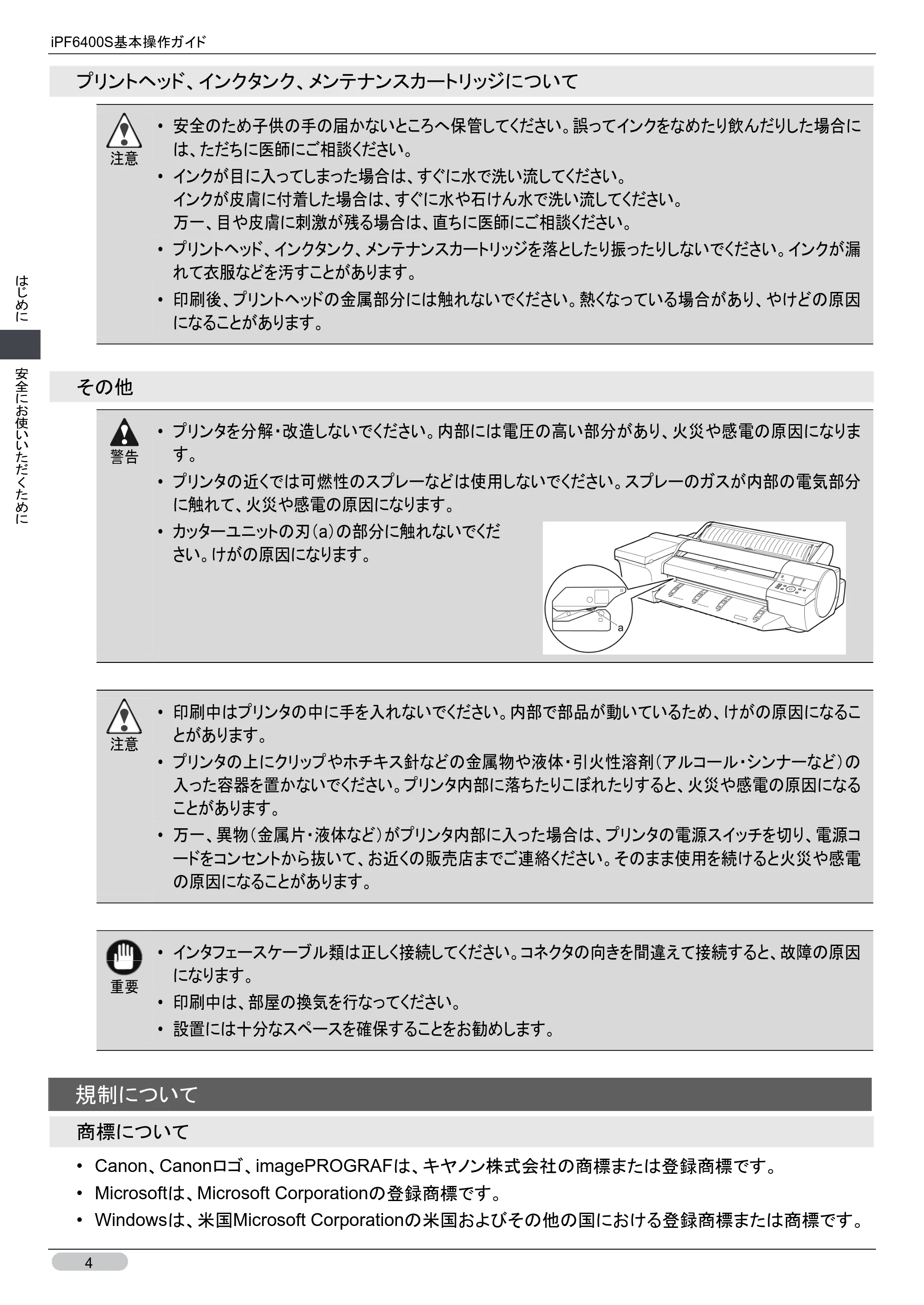 キヤノン iPF6400S 基本操作ガイド （PDF形式／12.03Mバイト） — 規制について — 原本ページ — 4ページ