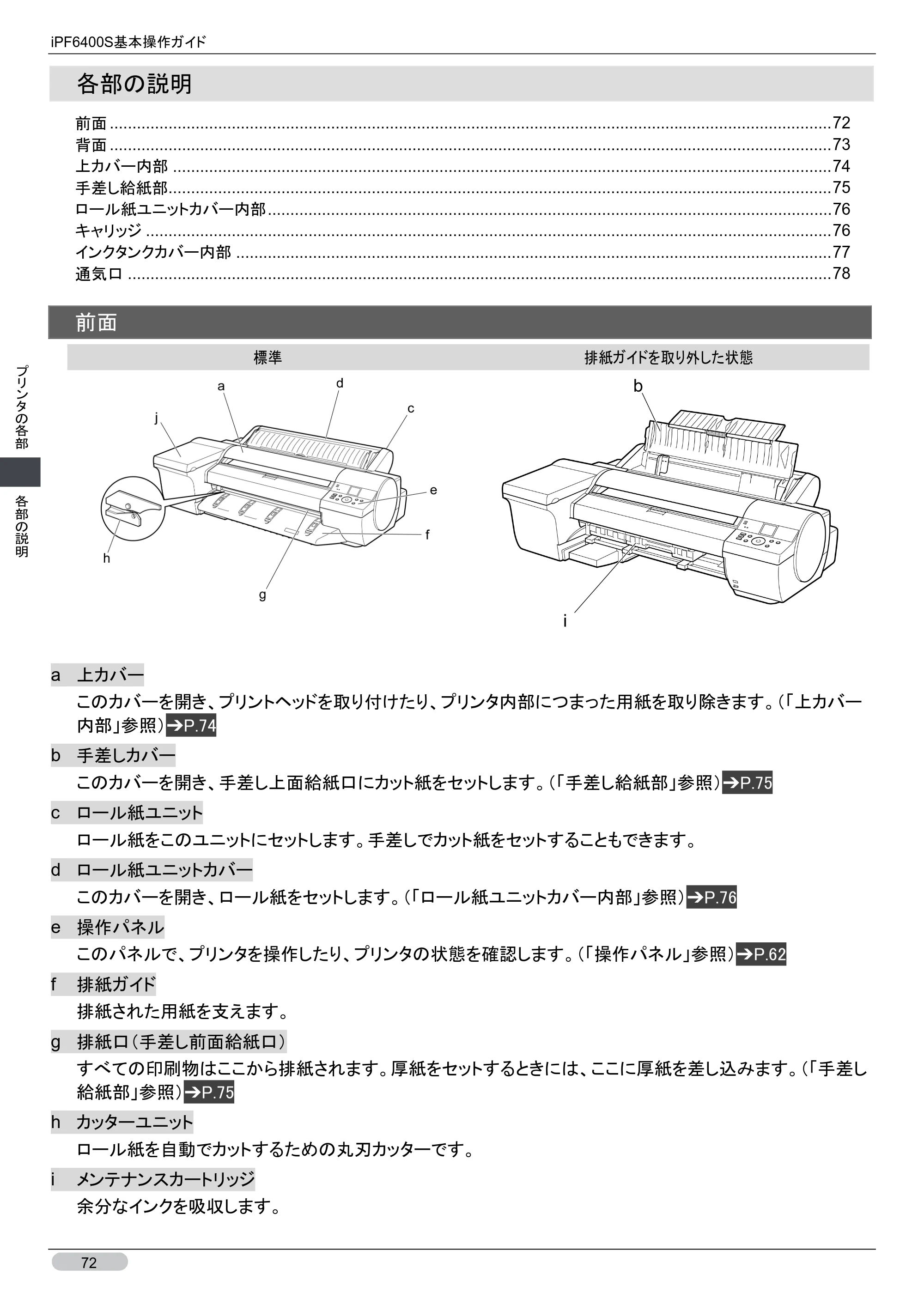 キヤノン iPF6400S 基本操作ガイド （PDF形式／12.03Mバイト） — 各部の説明 — 原本ページ — 72ページ