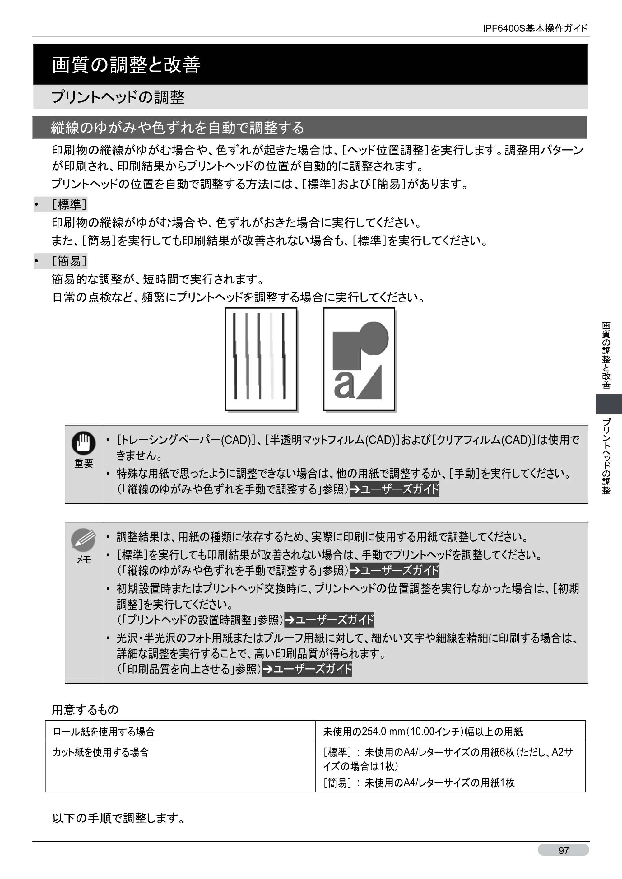 キヤノン iPF6400S 基本操作ガイド （PDF形式／12.03Mバイト） — プリントヘッドの調整 — 原本ページ — 97ページ
