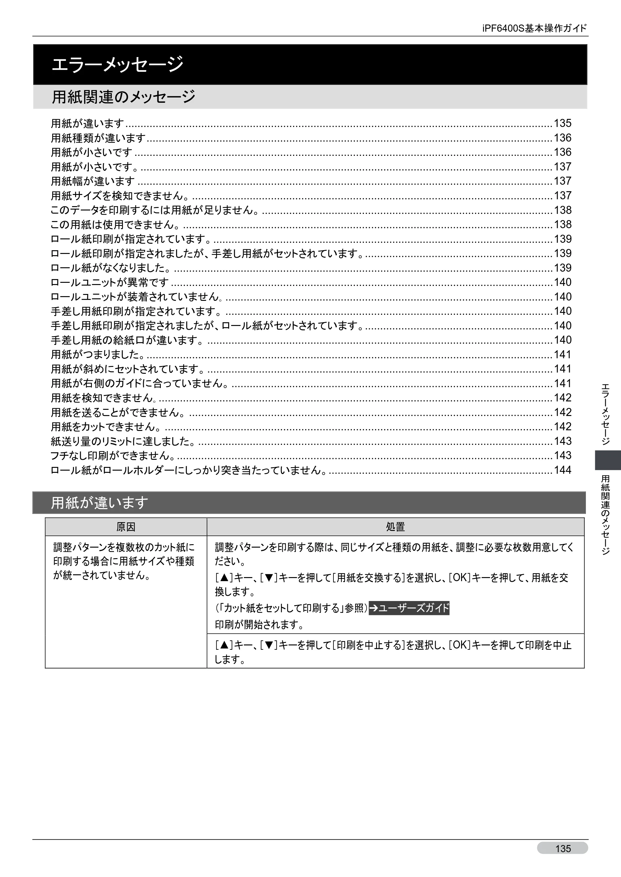 キヤノン iPF6400S 基本操作ガイド （PDF形式／12.03Mバイト） — 用紙関連のメッセージ — 原本ページ — 135ページ
