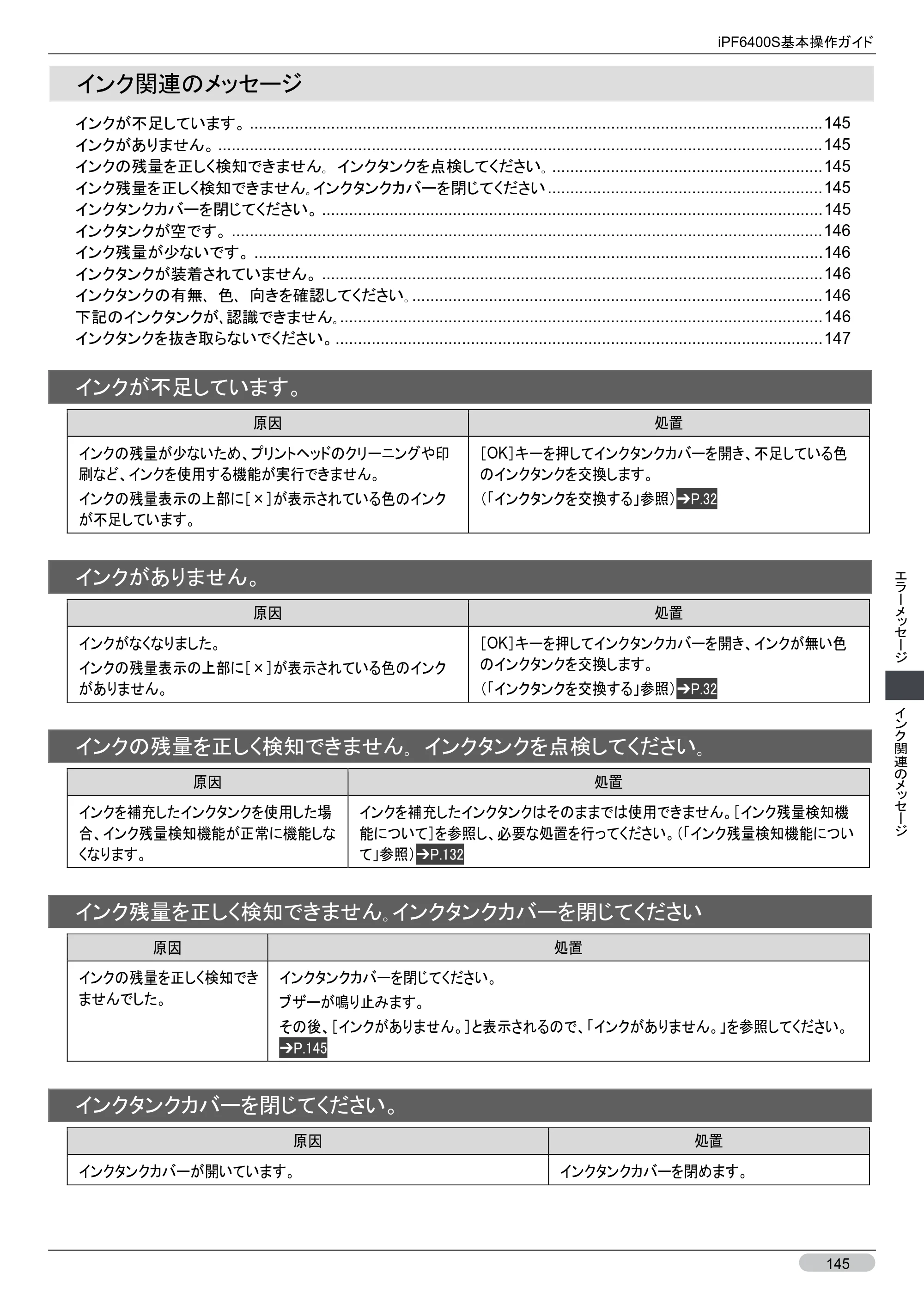 キヤノン iPF6400S 基本操作ガイド （PDF形式／12.03Mバイト） — インク関連のメッセージ — 原本ページ — 145ページ
