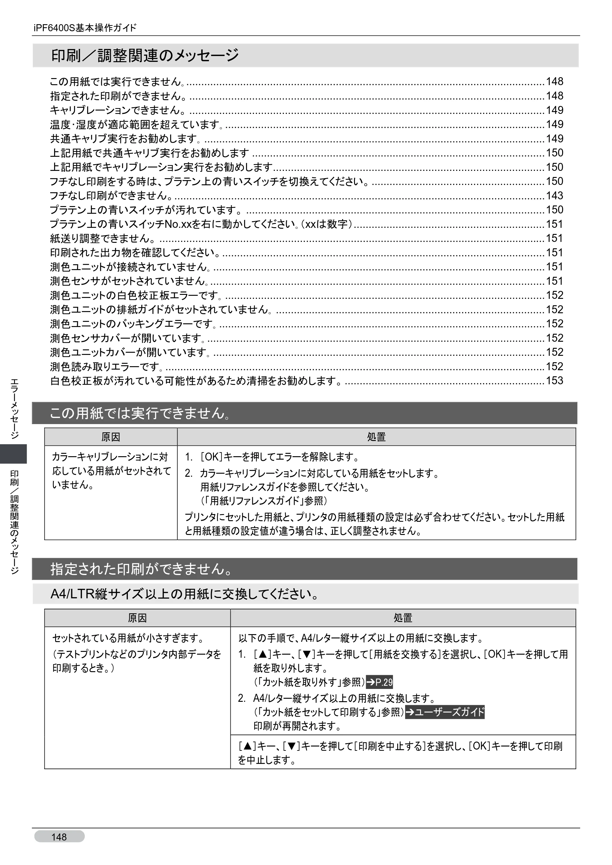 キヤノン iPF6400S 基本操作ガイド （PDF形式／12.03Mバイト） — 印刷／調整関連のメッセージ — 原本ページ — 148ページ