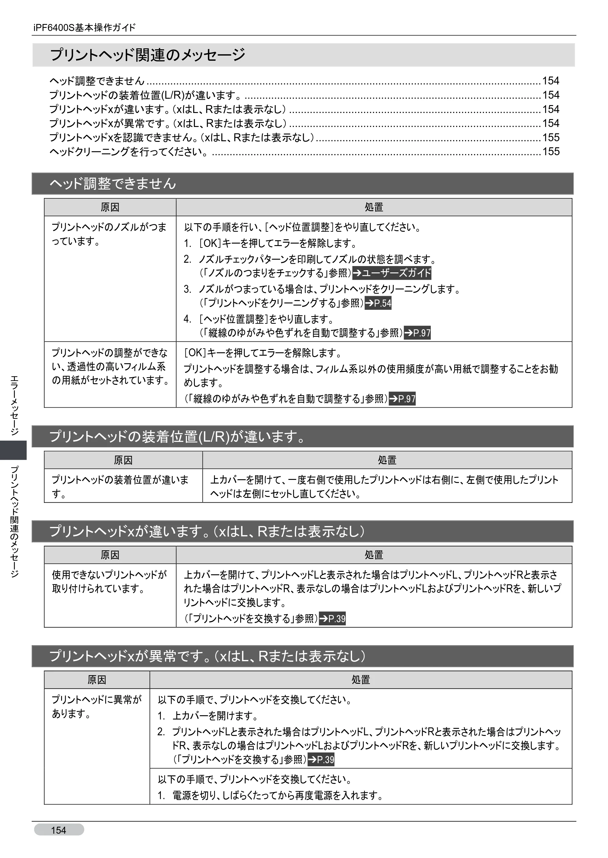 キヤノン iPF6400S 基本操作ガイド （PDF形式／12.03Mバイト） — プリントヘッド関連のメッセージ — 原本ページ — 154ページ