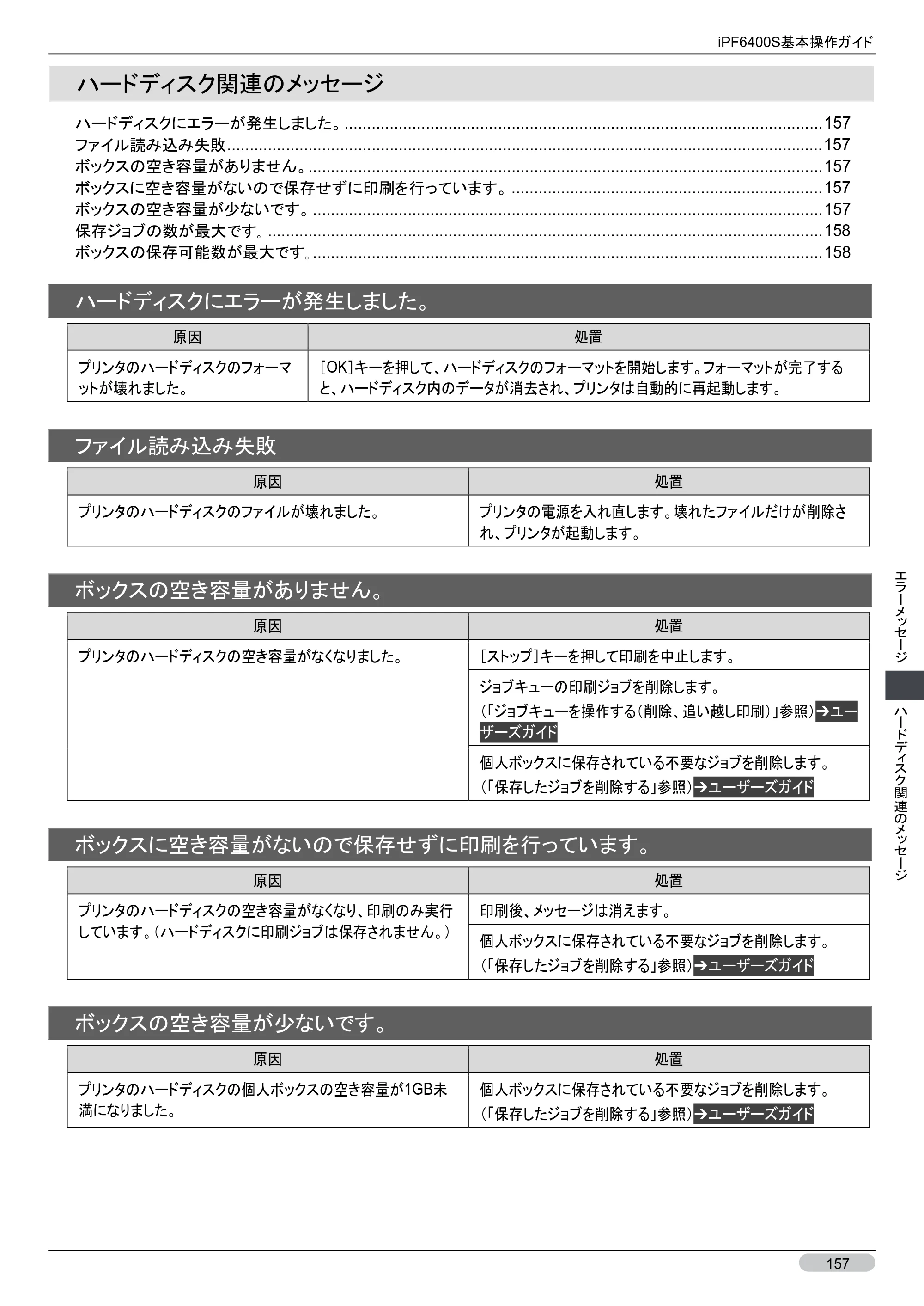 キヤノン iPF6400S 基本操作ガイド （PDF形式／12.03Mバイト） — ハードディスク関連のメッセージ — 原本ページ — 157ページ