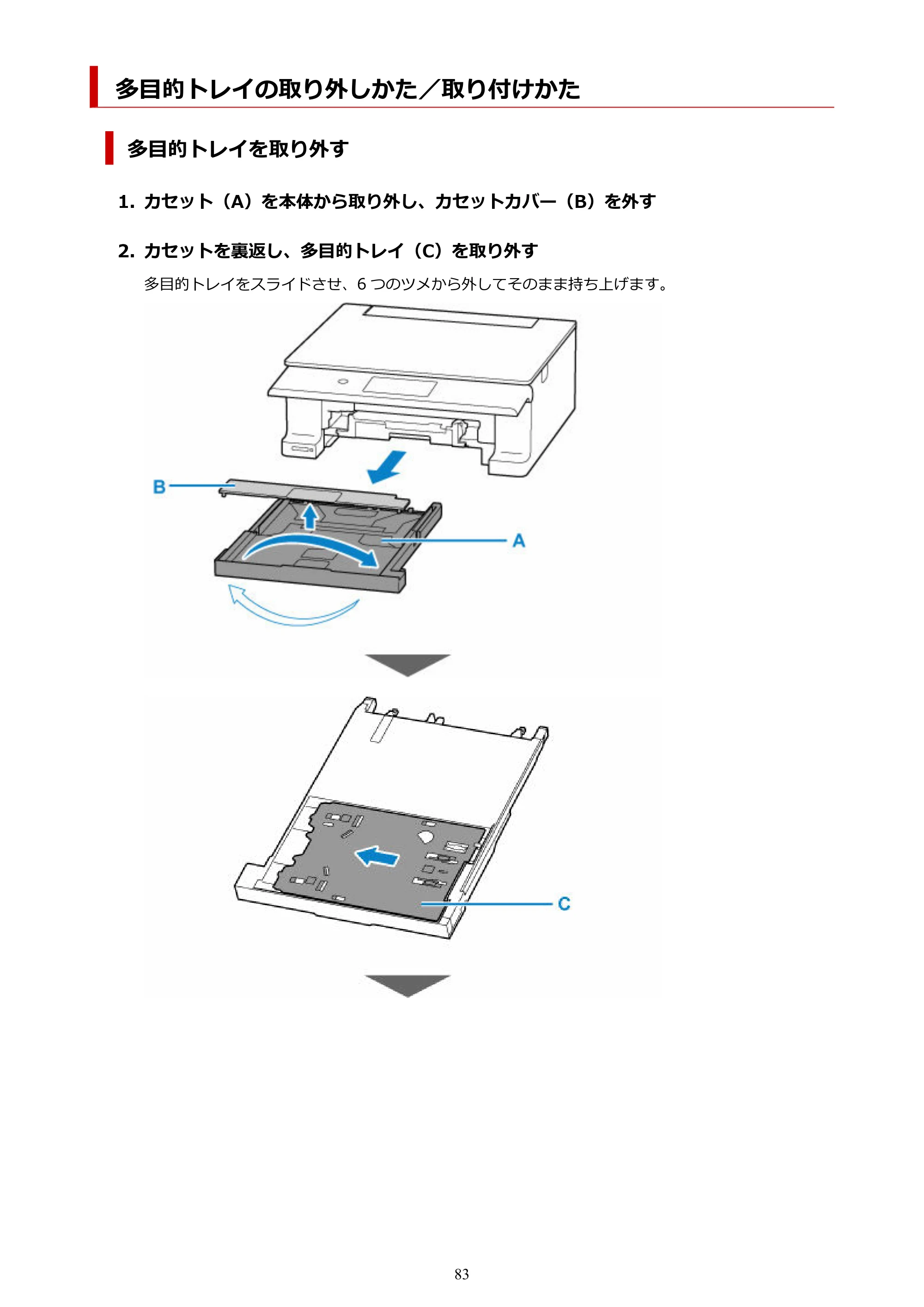 キヤノン PIXUS XK130 オンラインマニュアル PDF版 2024年9月5日掲載（PDF：7.1MB） — 多目的トレイの取り外しかた／取り付けかた — 原本ページ — 83ページ