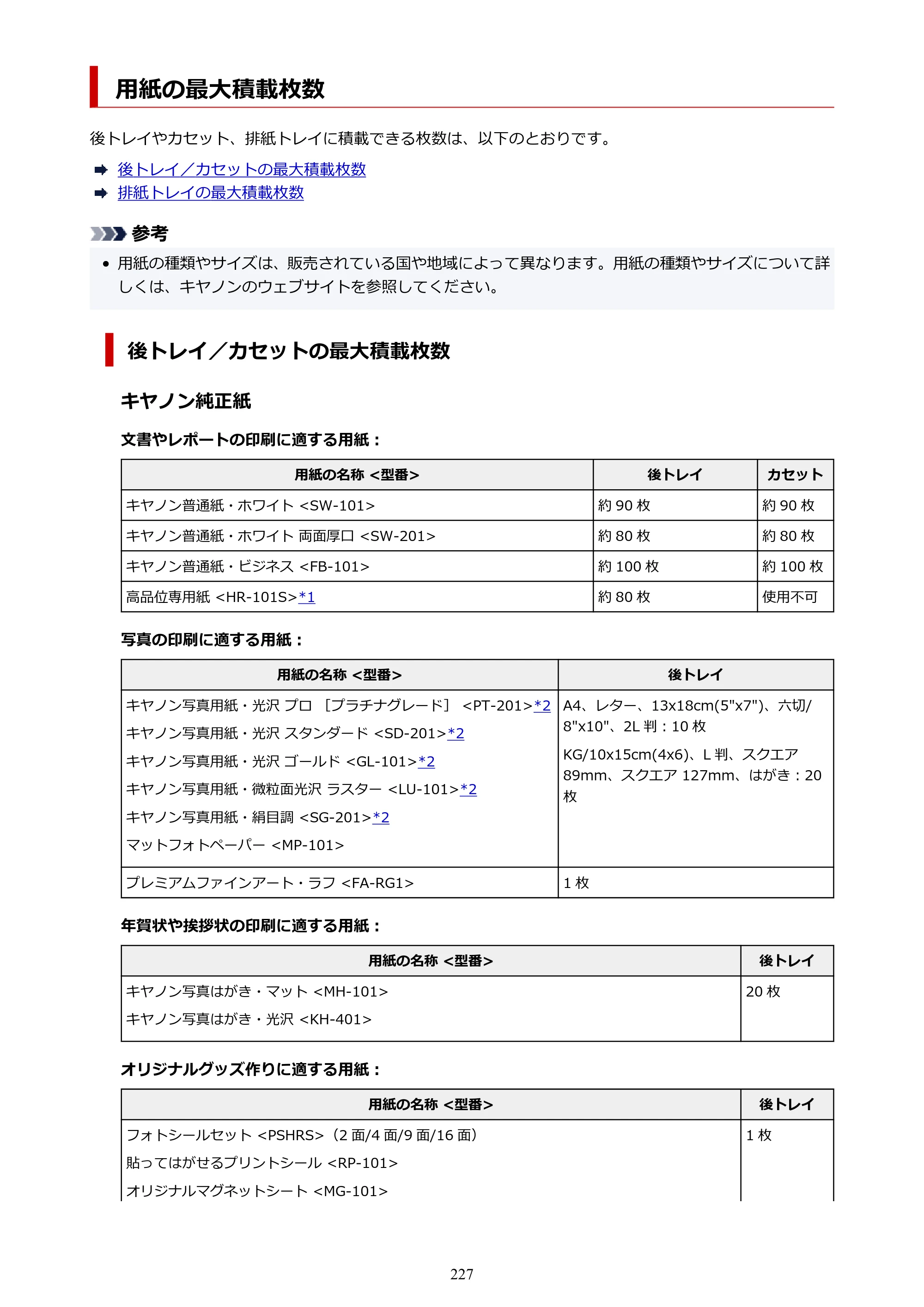 キヤノン PIXUS XK130 オンラインマニュアル PDF版 2024年9月5日掲載（PDF：7.1MB） — 用紙の最大積載枚数 — 原本ページ — 227ページ