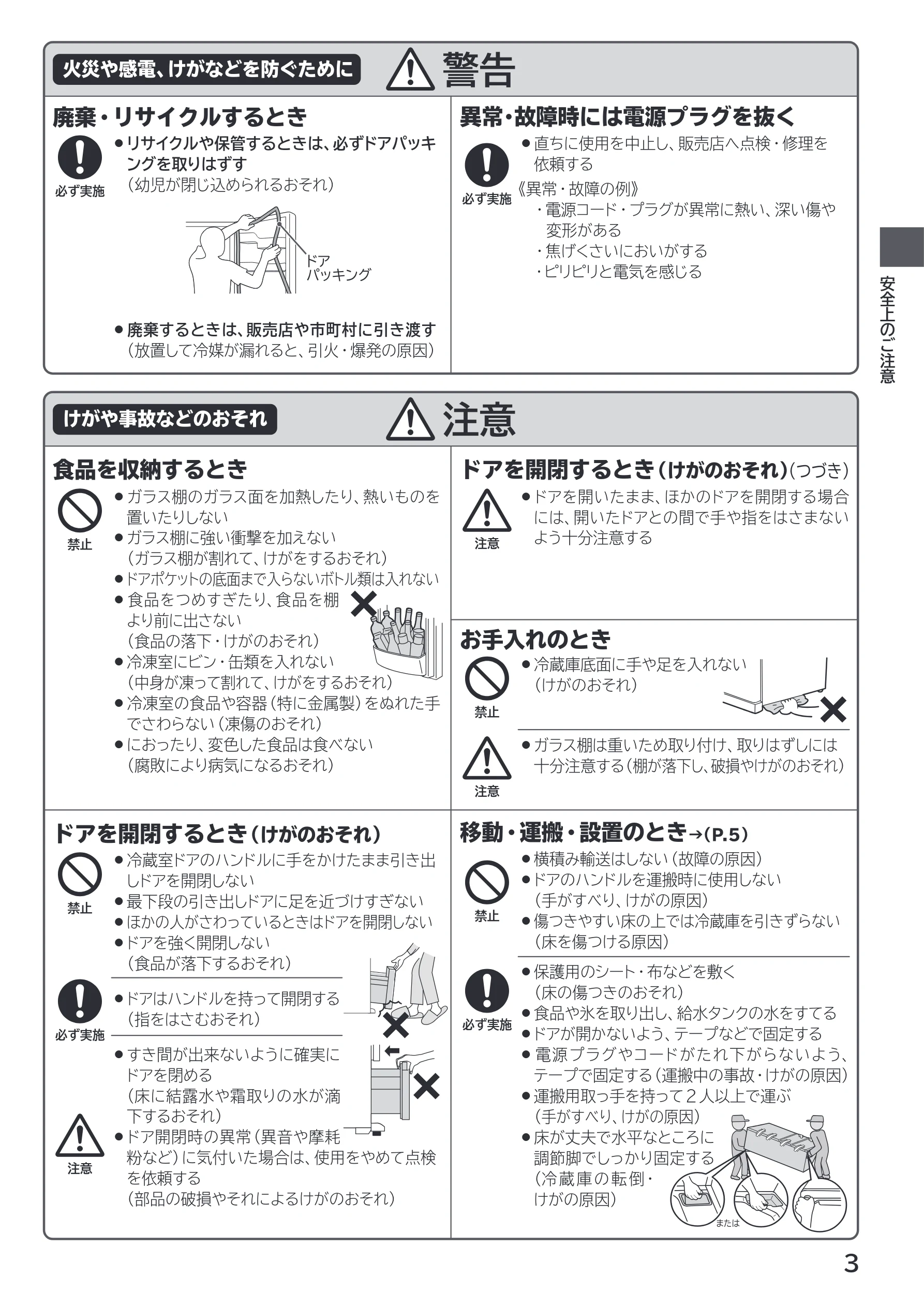 日立 R-V38X / R-V38XL / R-V32X 取扱説明書 — 火災や感電、けがなどを防ぐために 警告 — 図版 3-1 — 3ページ