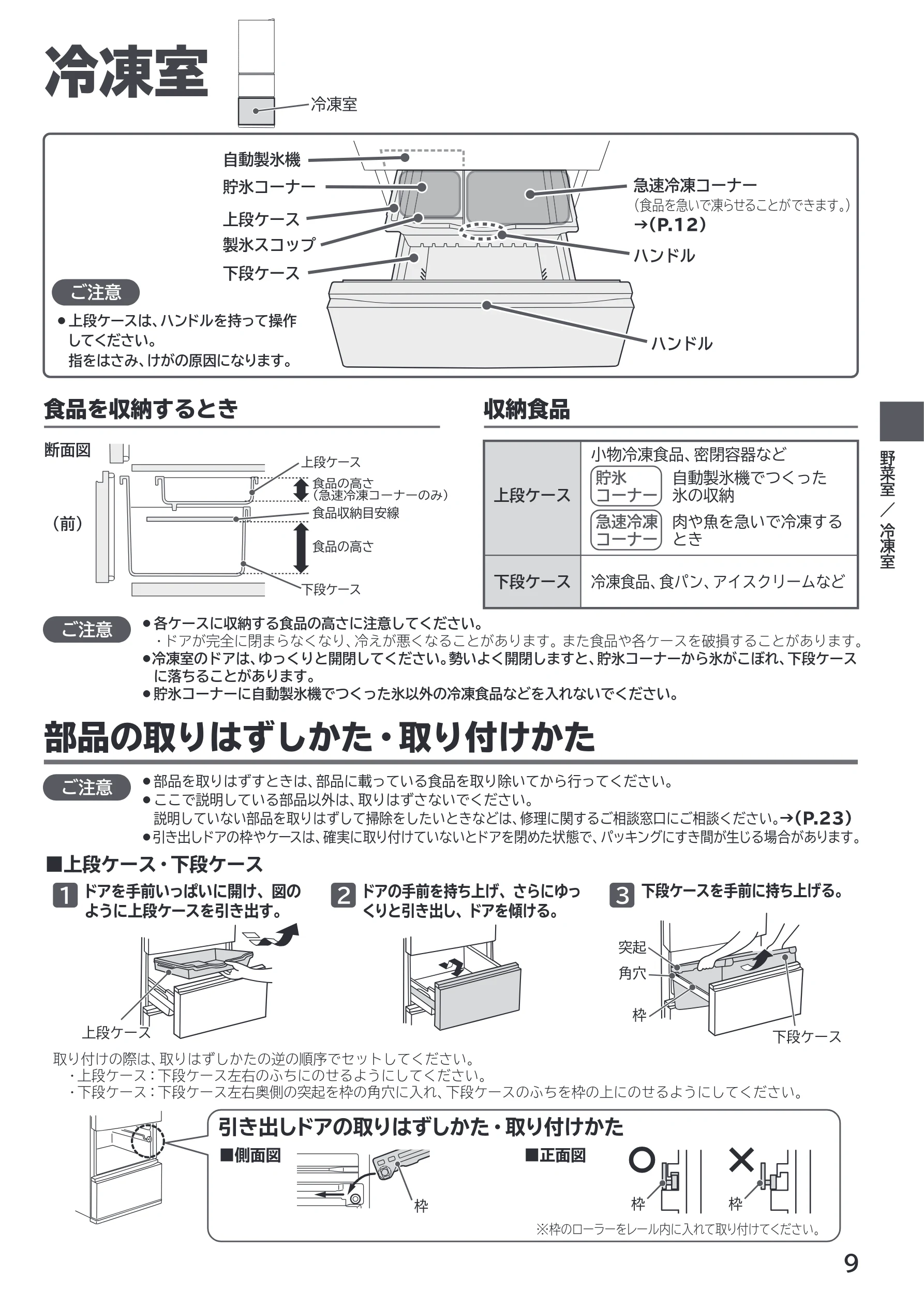 日立 R-V38X / R-V38XL / R-V32X 取扱説明書 — 冷凍室 — 図版 9-1 — 9ページ