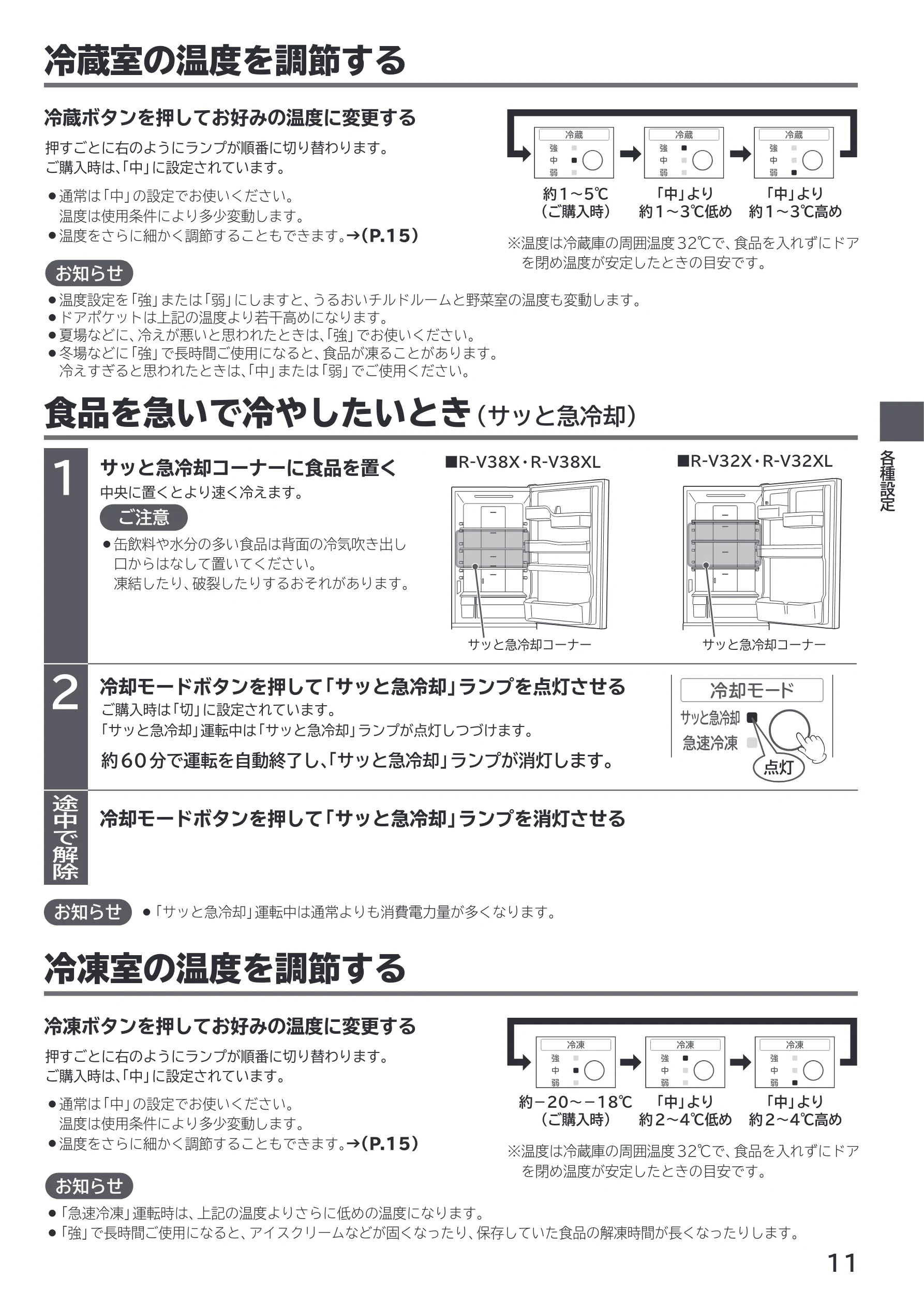 日立 R-V38X / R-V38XL / R-V32X 取扱説明書 — 冷蔵室の温度を調節する — 図版 11-1 — 11ページ
