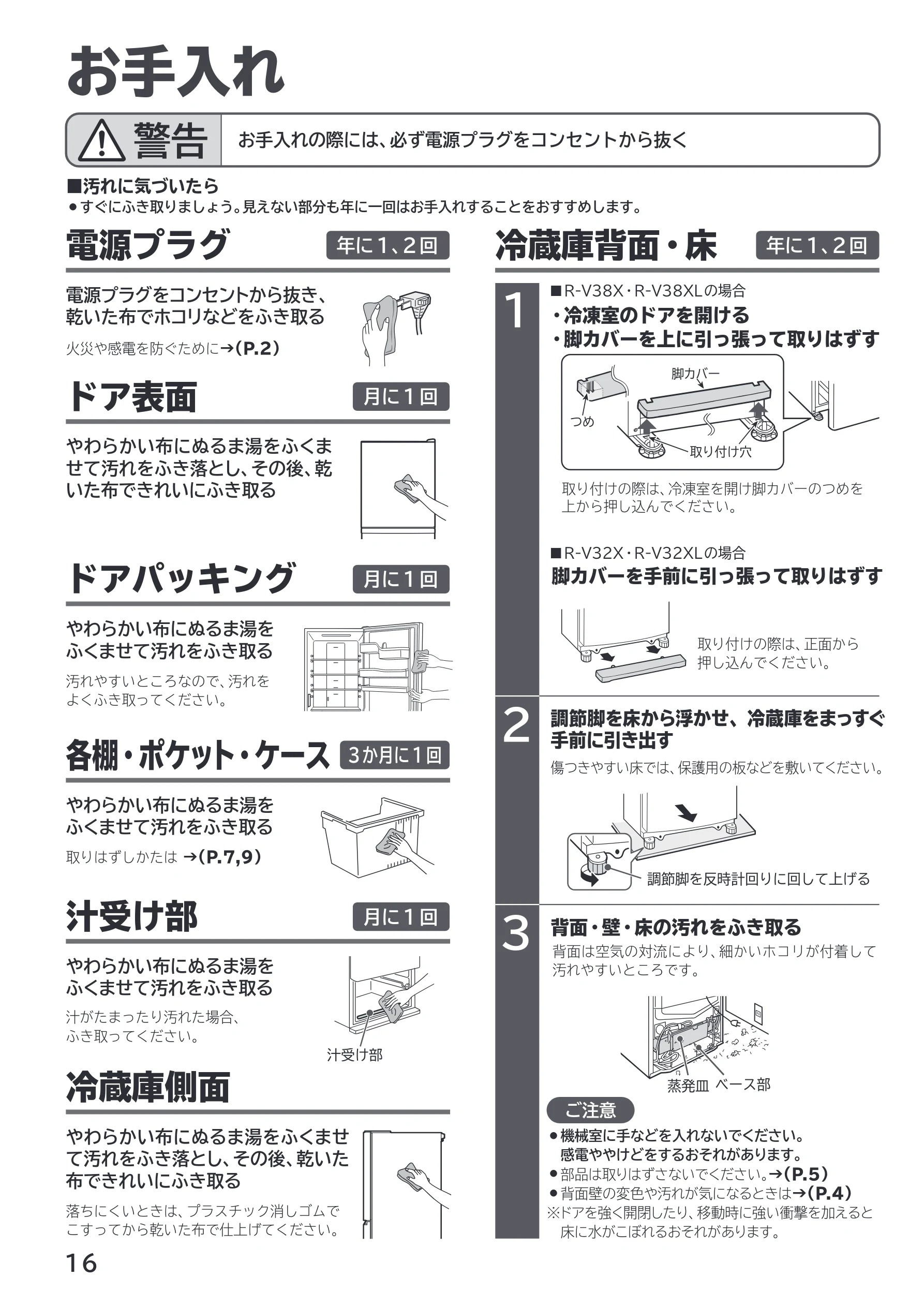日立 R-V38X / R-V38XL / R-V32X 取扱説明書 — お手入れ — 図版 16-1 — 16ページ