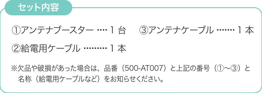 サンワサプライ 500-AT007 取扱説明書 — BS・CS アンテナブースター 利得調整機能付き — 図版 1-2 — 1ページ