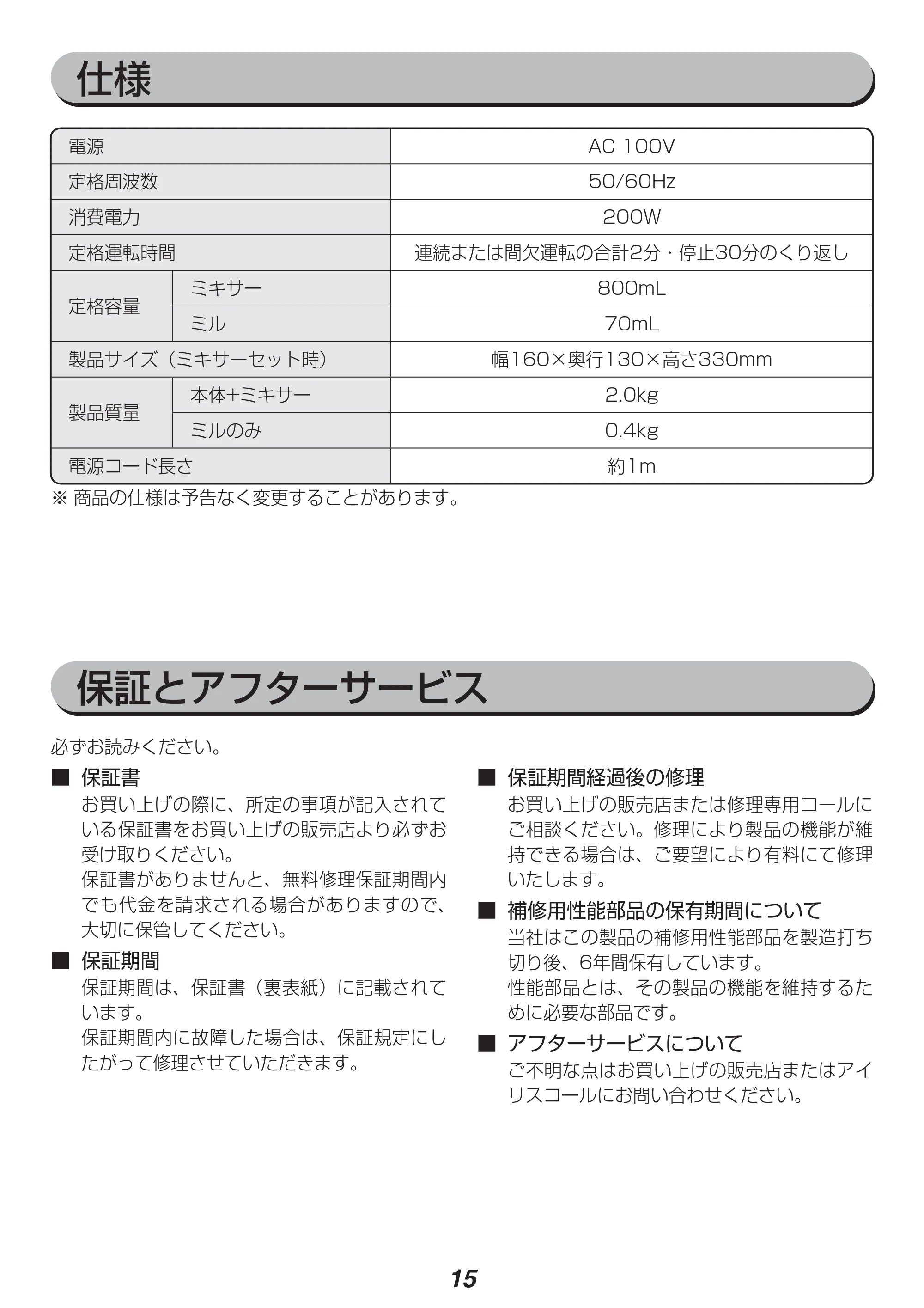 アイリスオーヤマ IJM-M800 取扱説明書 — 原本ページ — 15ページ