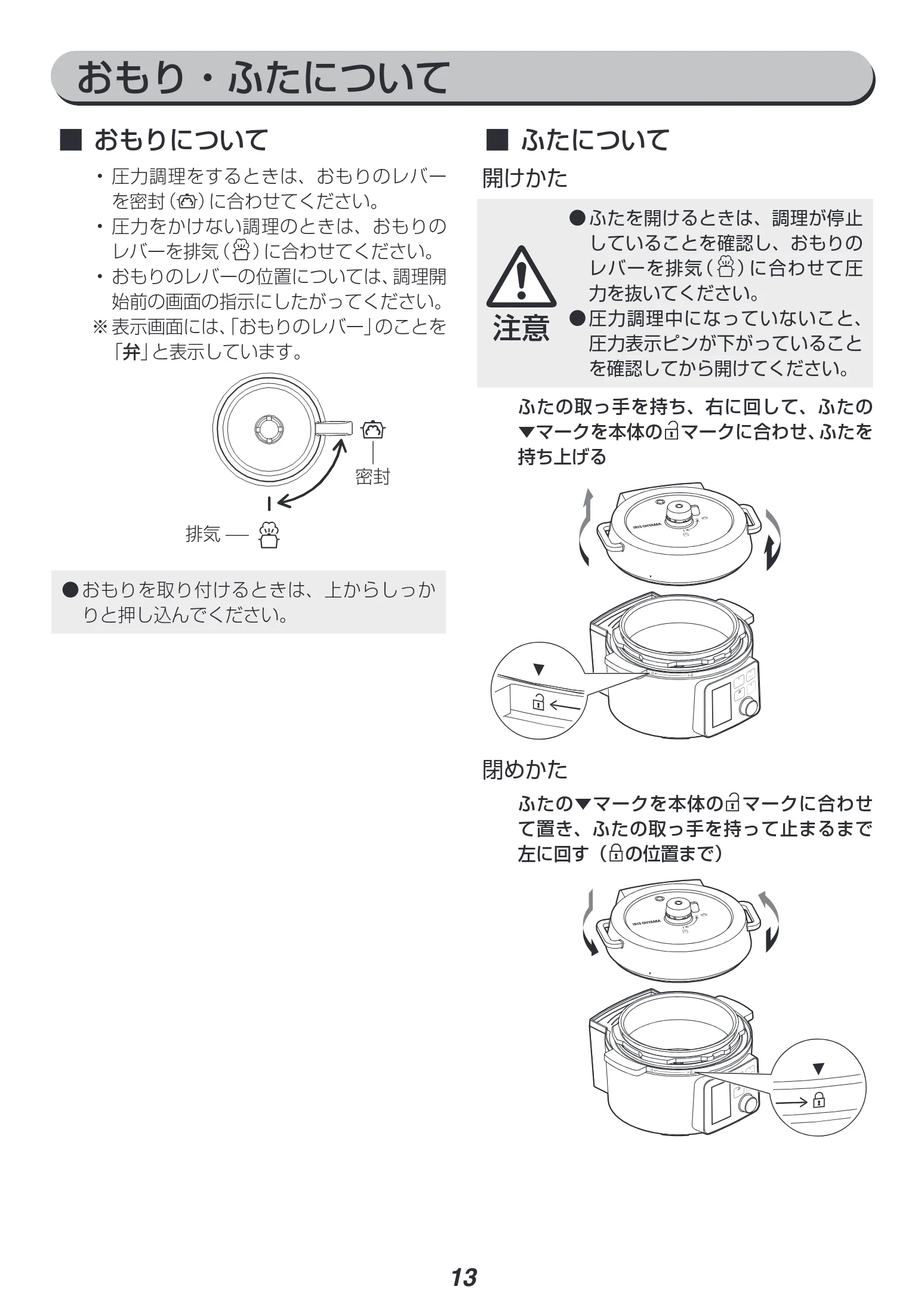 アイリスオーヤマ PMPC-MA2 取扱説明書 — おもり・ふたについて — 図版 13-1 — 13ページ