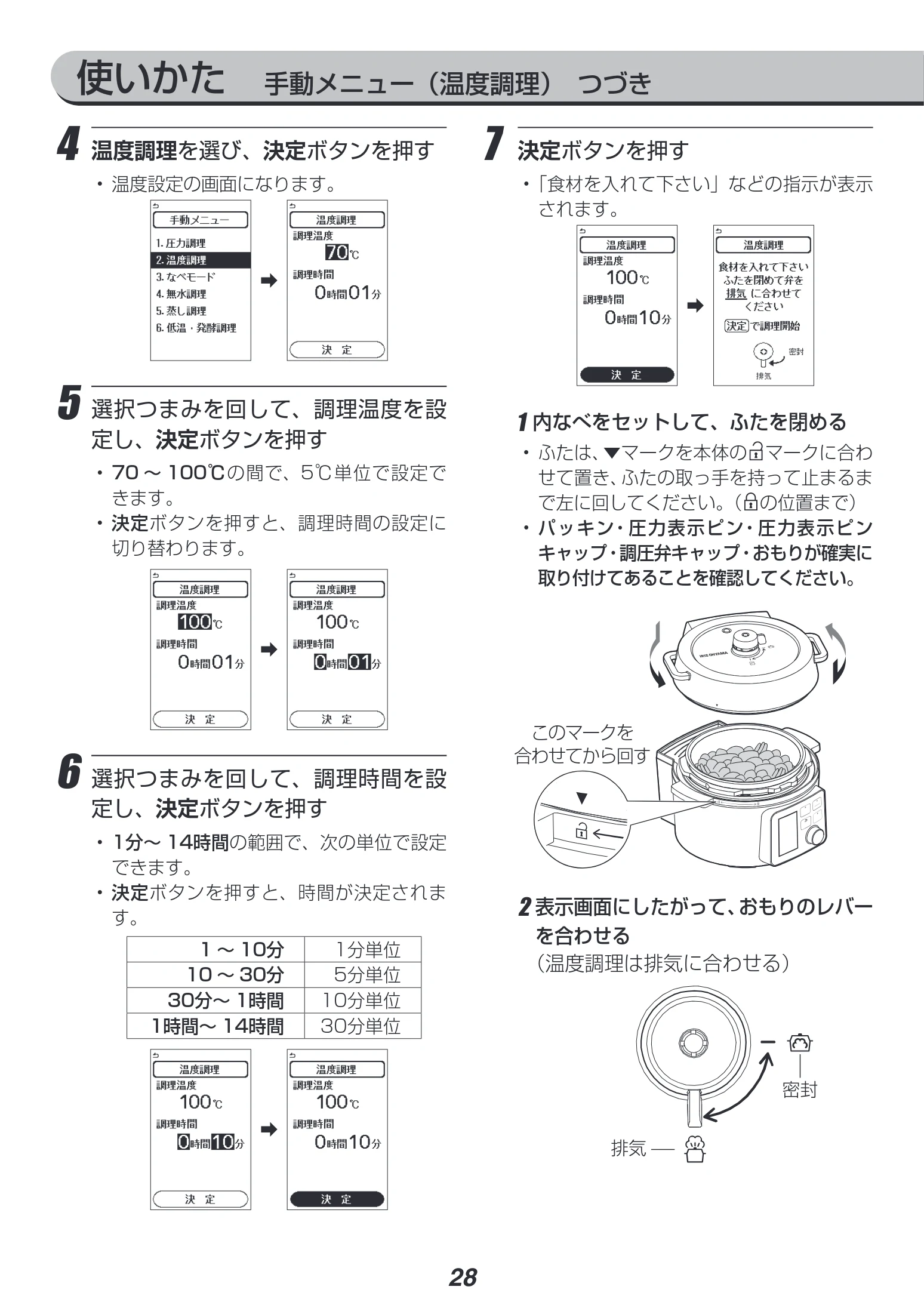 アイリスオーヤマ PMPC-MA2 取扱説明書 — 使いかた 手動メニュー(温度調理) つづき — 図版 28-1 — 28ページ