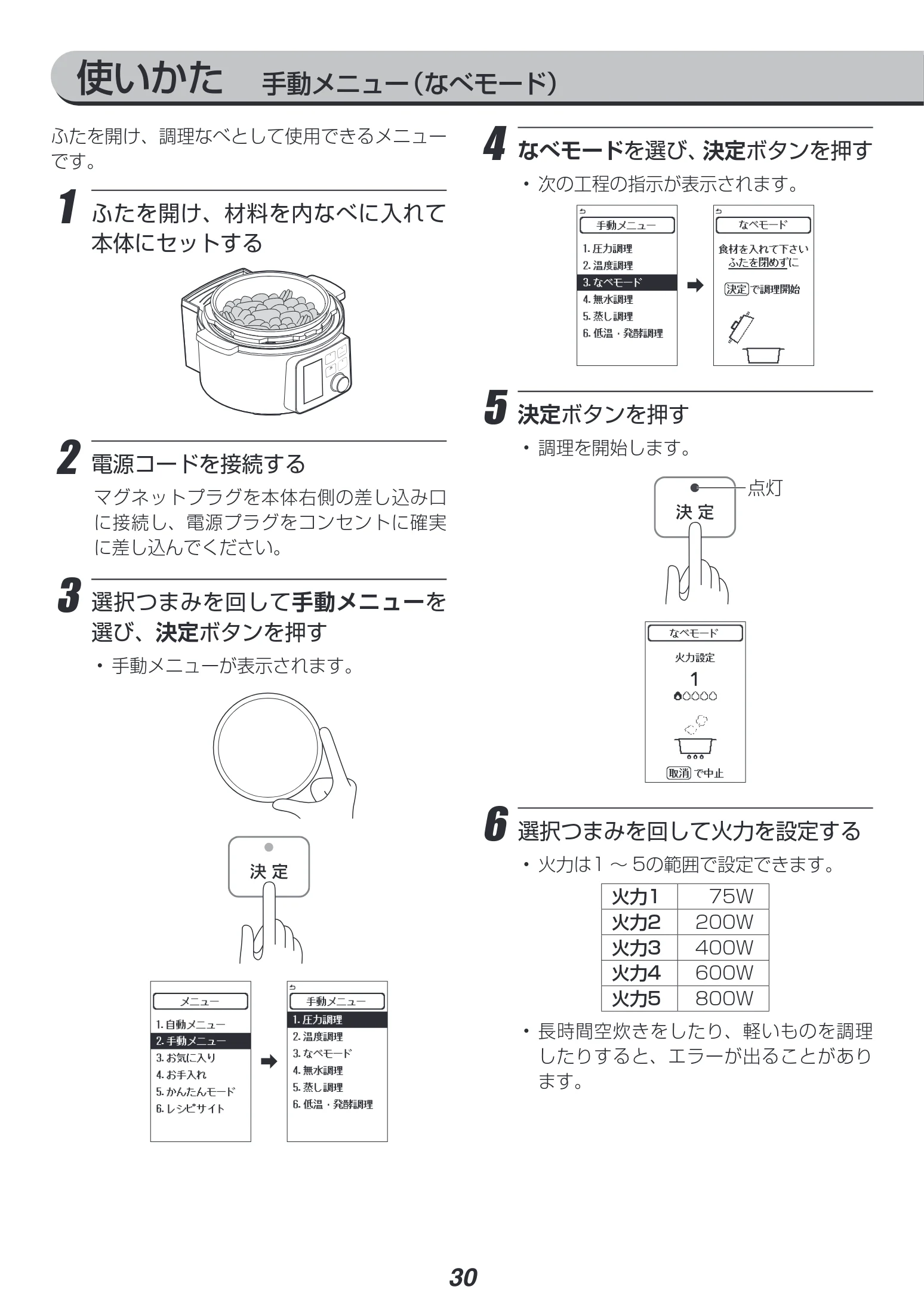 アイリスオーヤマ PMPC-MA2 取扱説明書 — 使いかた 手動メニュー(なべモード) — 図版 30-1 — 30ページ