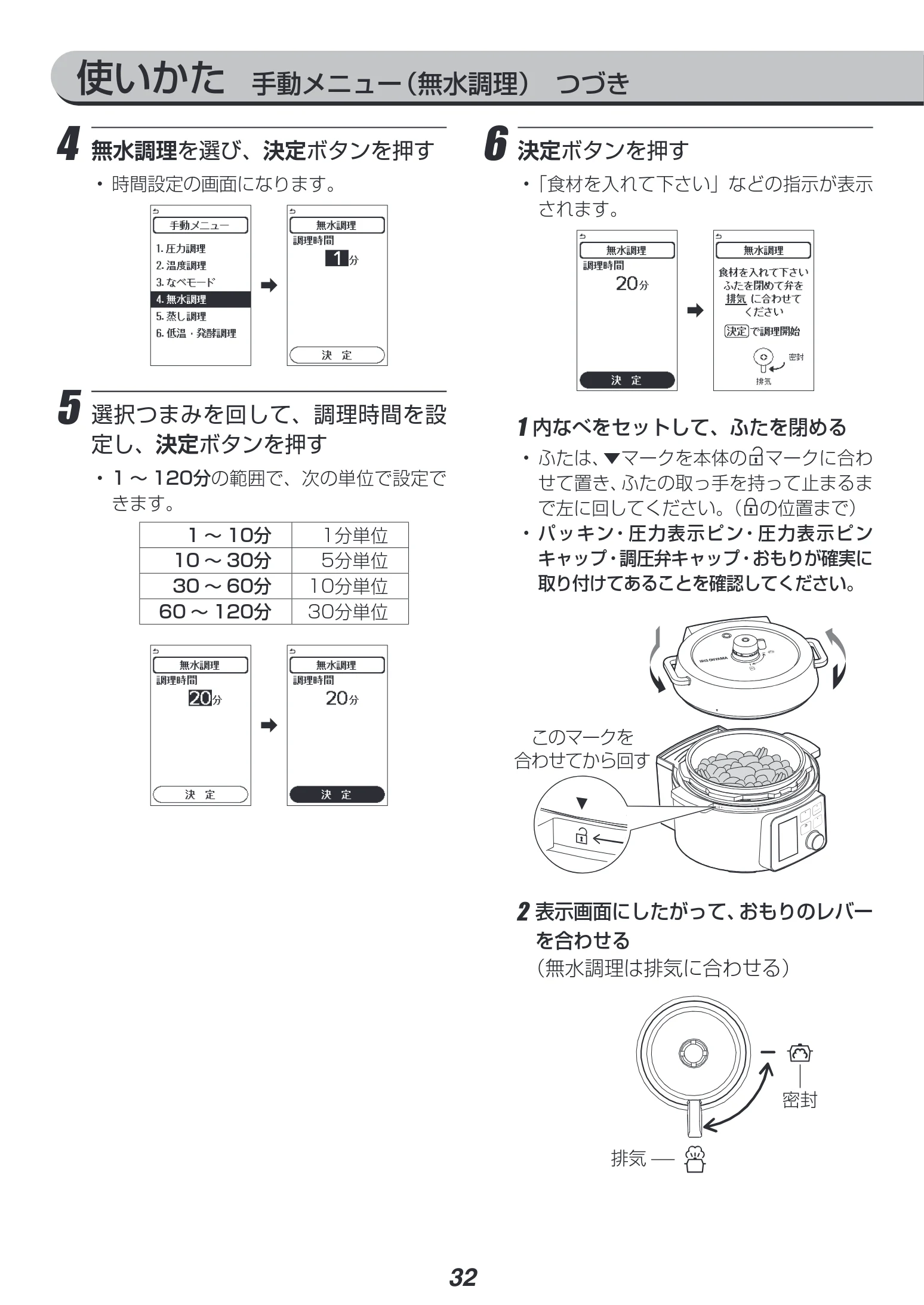 アイリスオーヤマ PMPC-MA2 取扱説明書 — 使いかた 手動メニュー(無水調理) つづき — 図版 32-1 — 32ページ