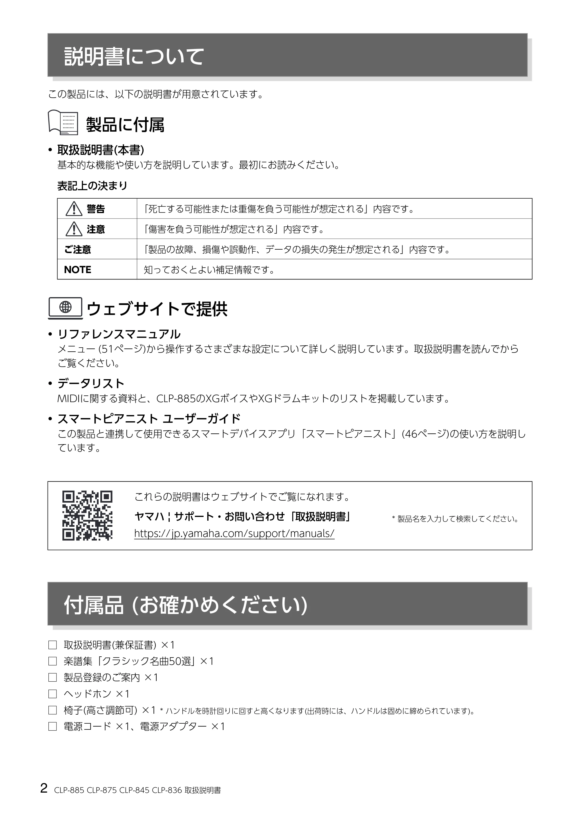 ヤマハ CLP-836 CLP-836 取扱説明書 — 説明書について — 原本ページ — 2ページ
