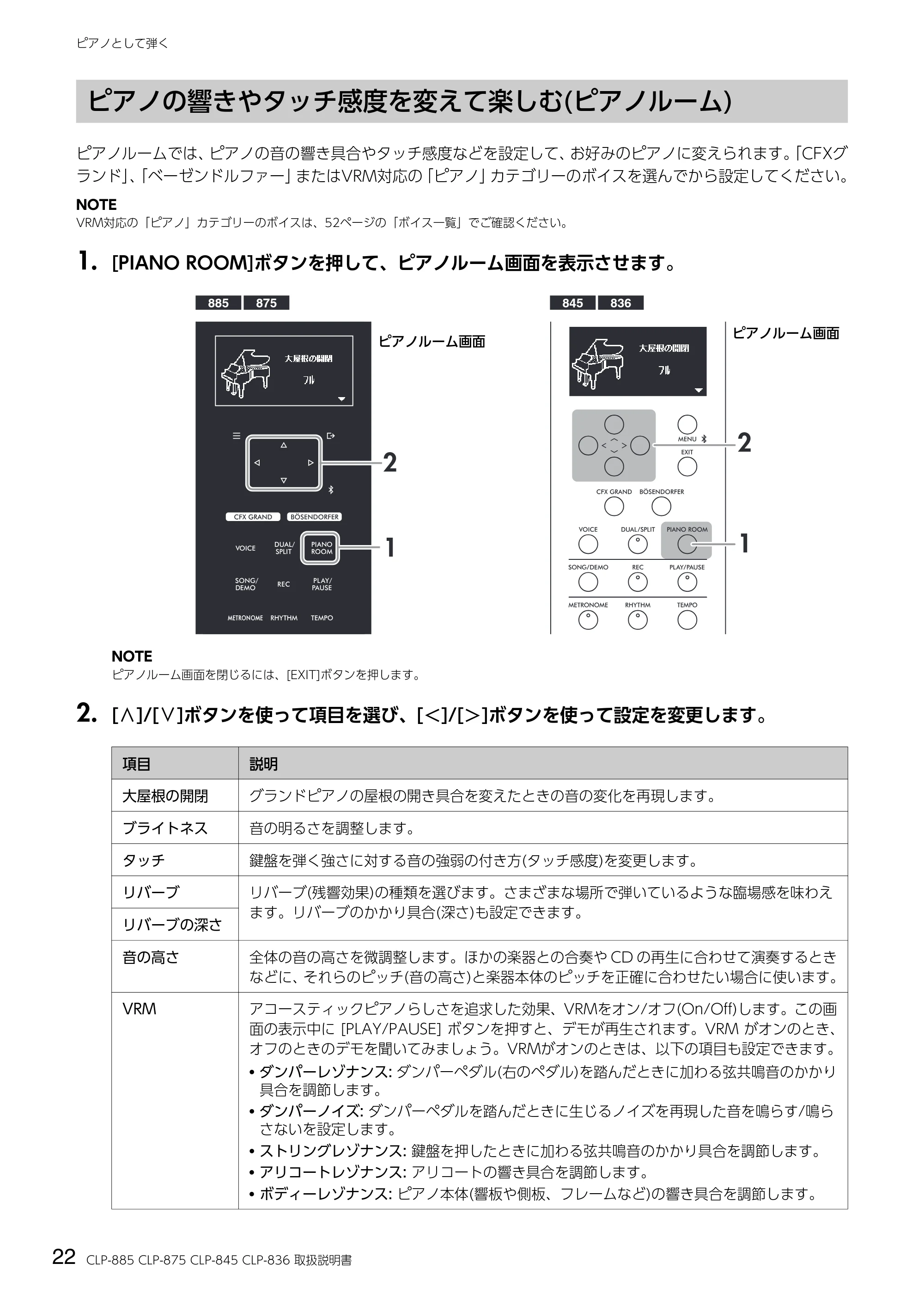 ヤマハ CLP-836 CLP-836 取扱説明書 — ピアノの響きやタッチ感度を変えて楽しむ(ピアノルーム) — 原本ページ — 22ページ