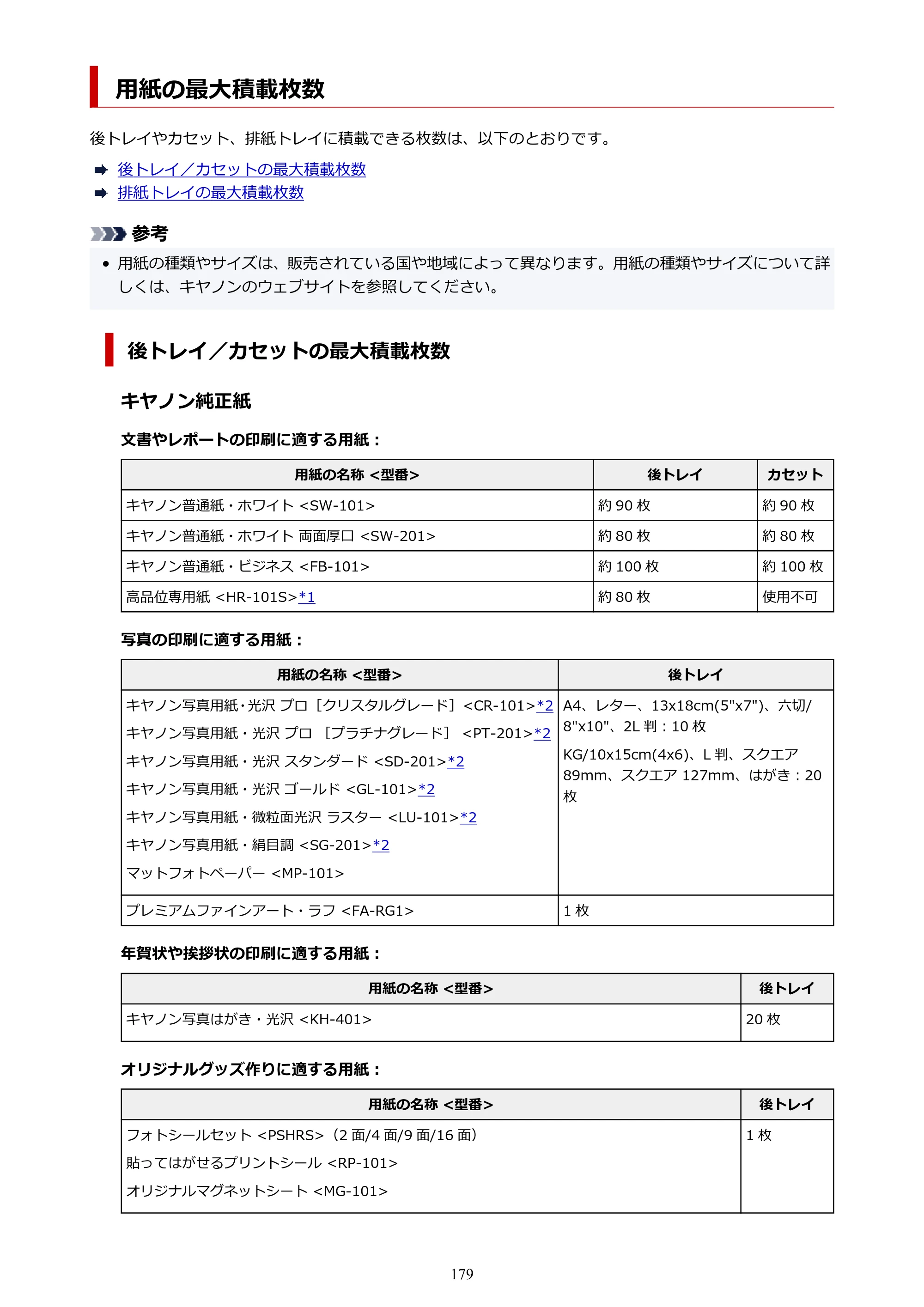 キヤノン PIXUS TS7630 オンラインマニュアル PDF版 2025年10月22日掲載（PDF：4.3MB） — 用紙の最大積載枚数 — 原本ページ — 179ページ
