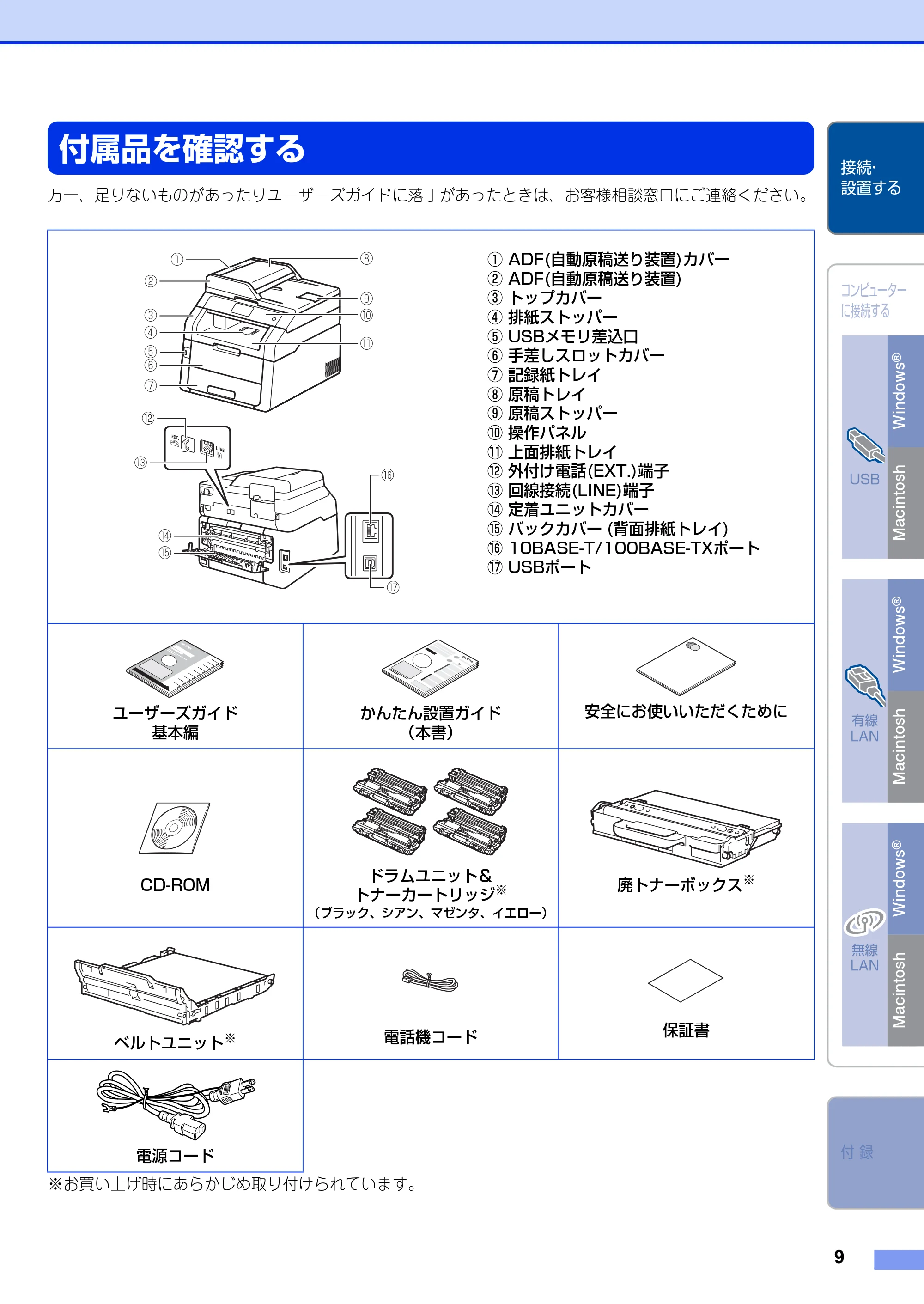 ブラザー MFC-9340CDW かんたん設置ガイド — STEP1 接続・設置する — 原本ページ — 9ページ