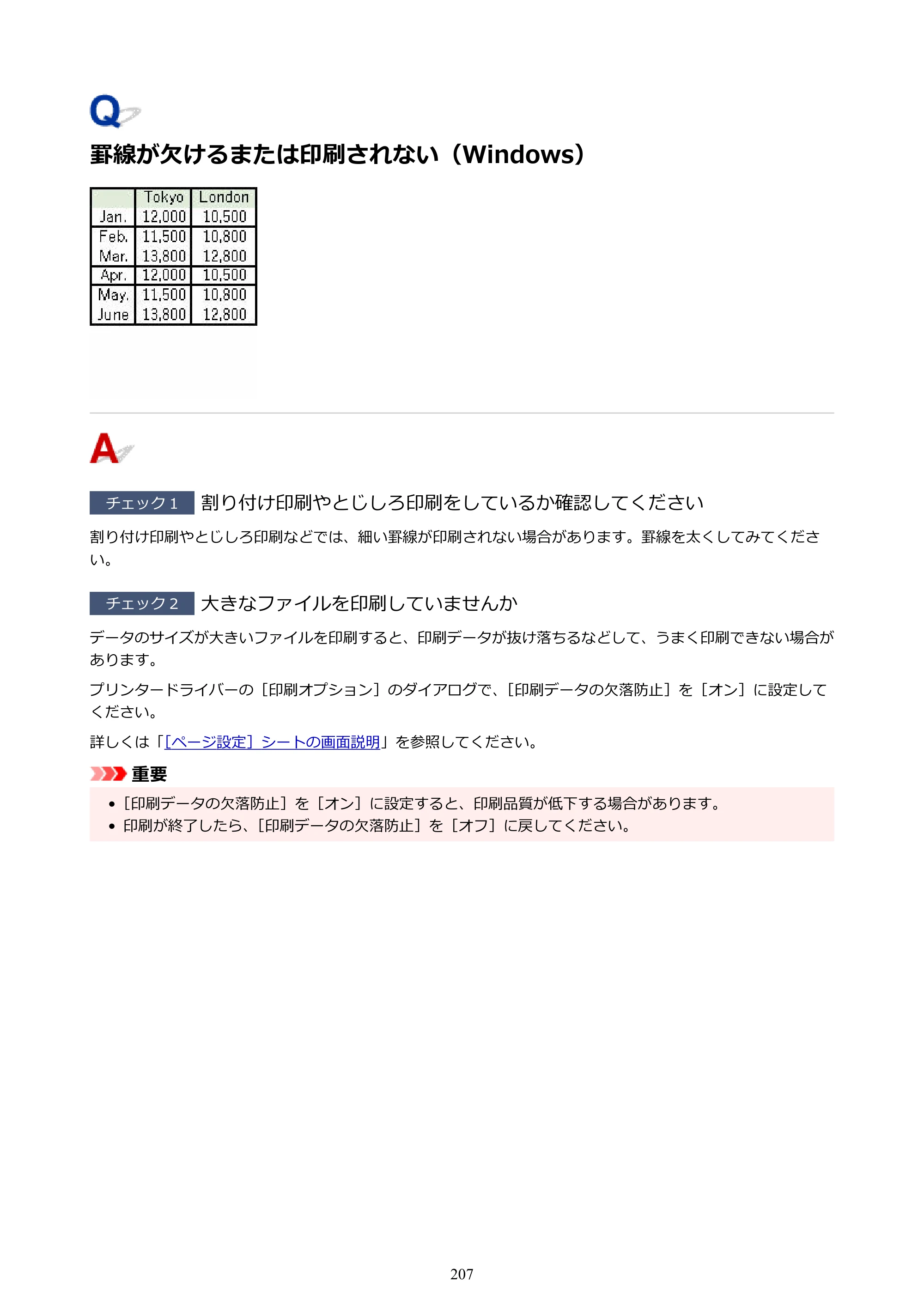 キヤノン G1330 G1330 (PDF) オンラインマニュアル 取扱説明書 2026年3月19日掲載（PDF：3.4MB） — 罫線が欠けるまたは印刷されない（Windows） — 原本ページ — 207ページ
