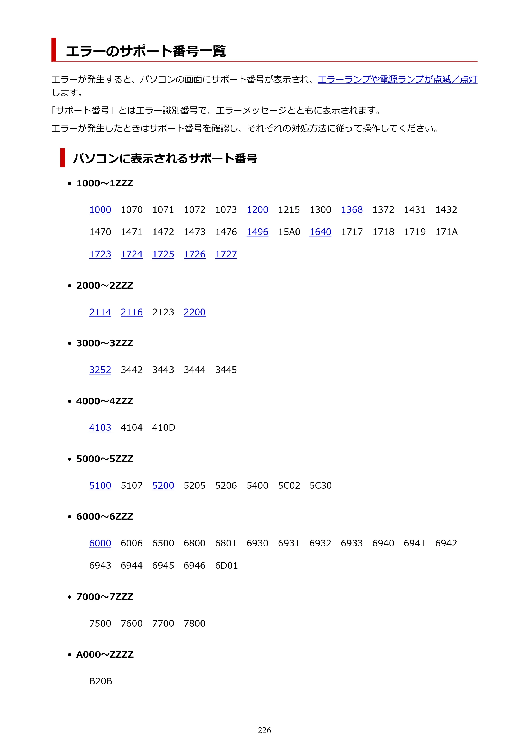 キヤノン G1330 G1330 (PDF) オンラインマニュアル 取扱説明書 2026年3月19日掲載（PDF：3.4MB） — エラーのサポート番号一覧 — 原本ページ — 226ページ