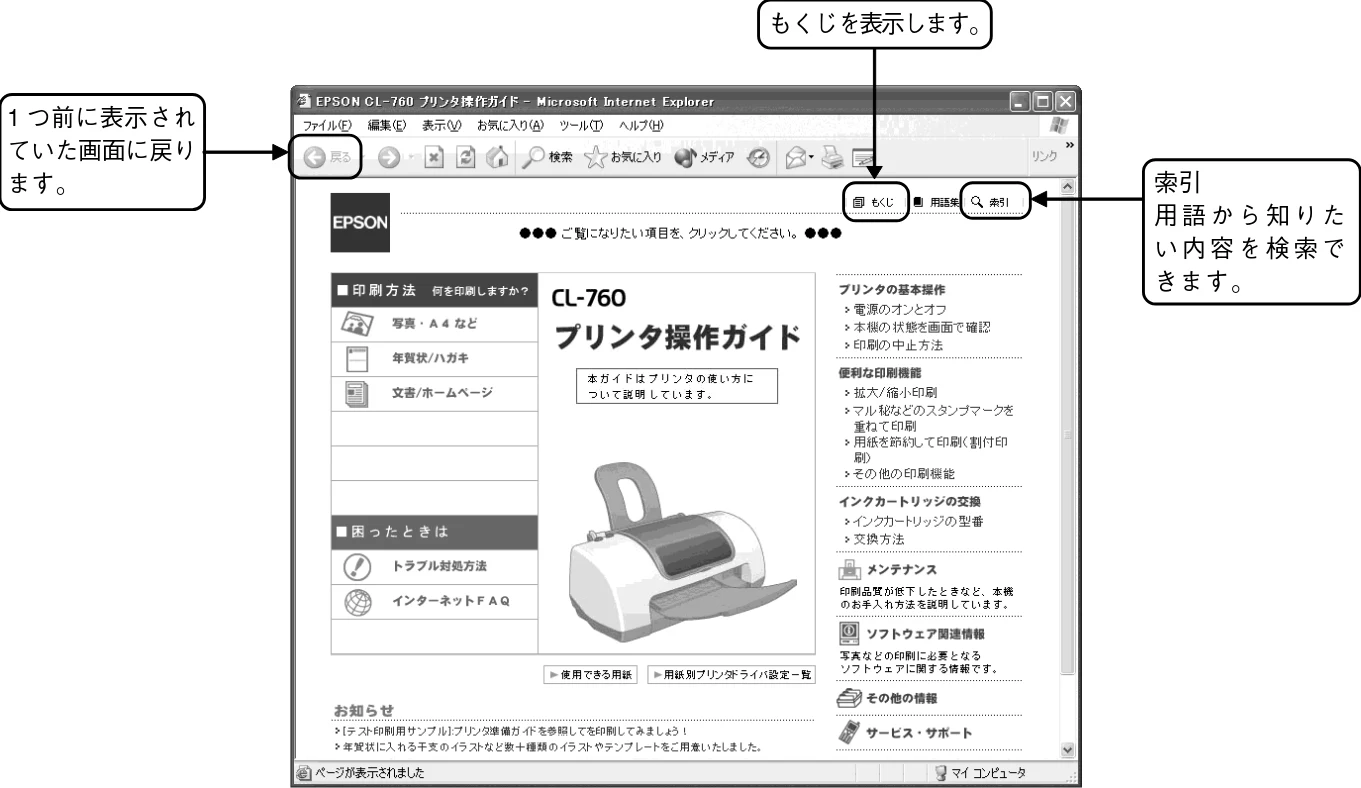 エプソン CL-760 プリンタ準備ガイド — 『プリンタ操作ガイド(電子マニュアル)』の使い方 — 図版 29-1 — 29ページ