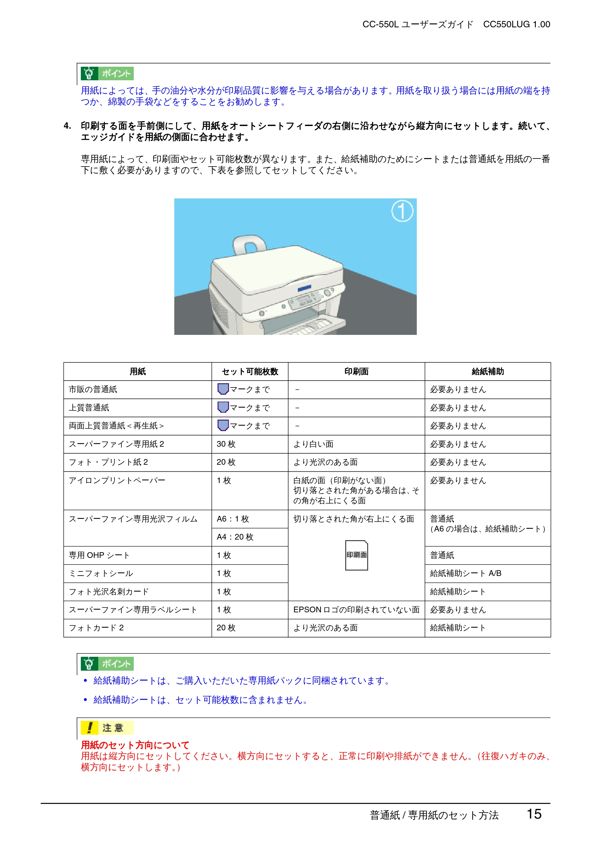 エプソン CC-550L ユーザーズガイド(Macintosh版) — 普通紙/ 専用紙のセット方法 15 — 原本ページ — 15ページ