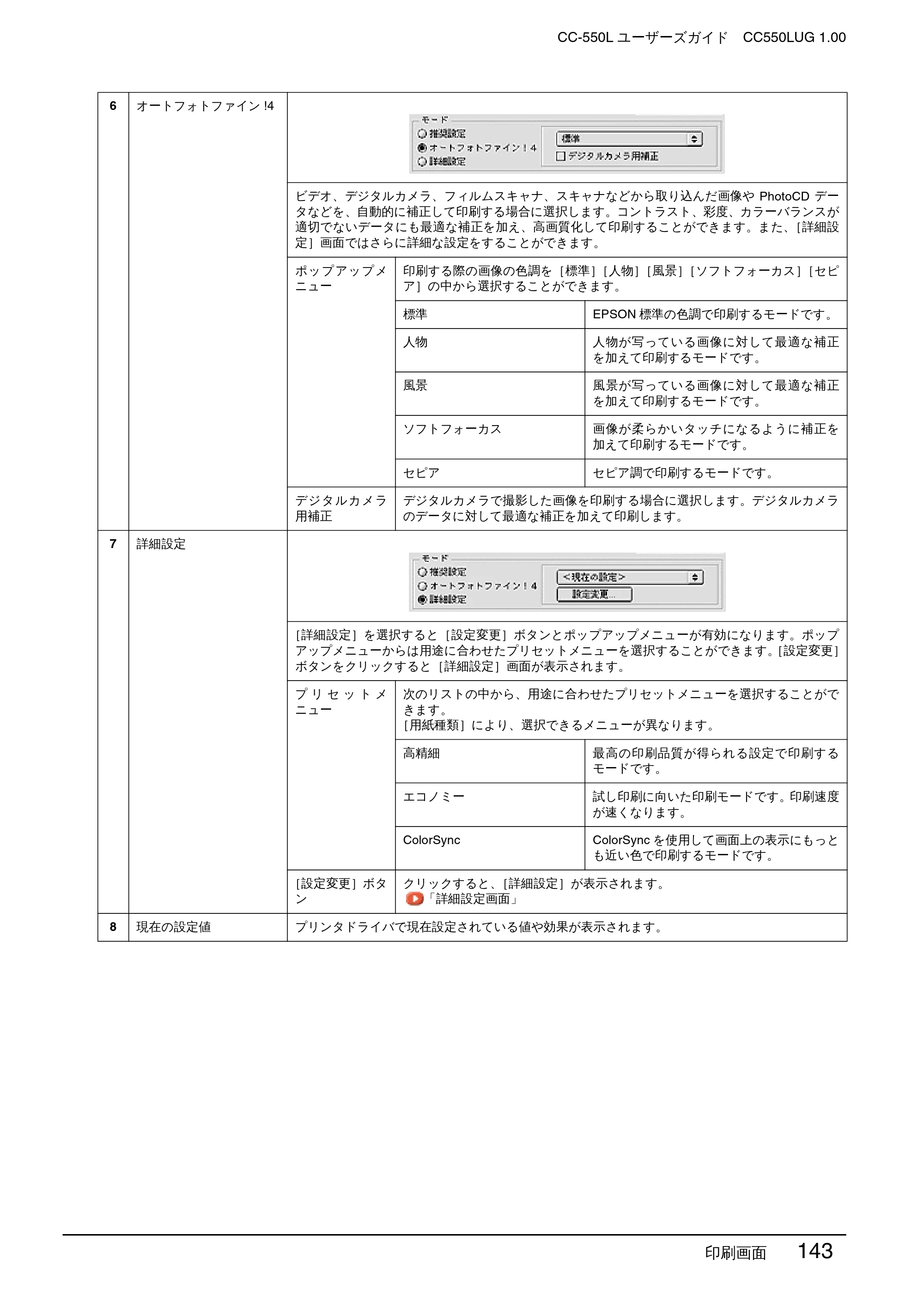 エプソン CC-550L ユーザーズガイド(Macintosh版) — 印刷画面 143 — 原本ページ — 143ページ