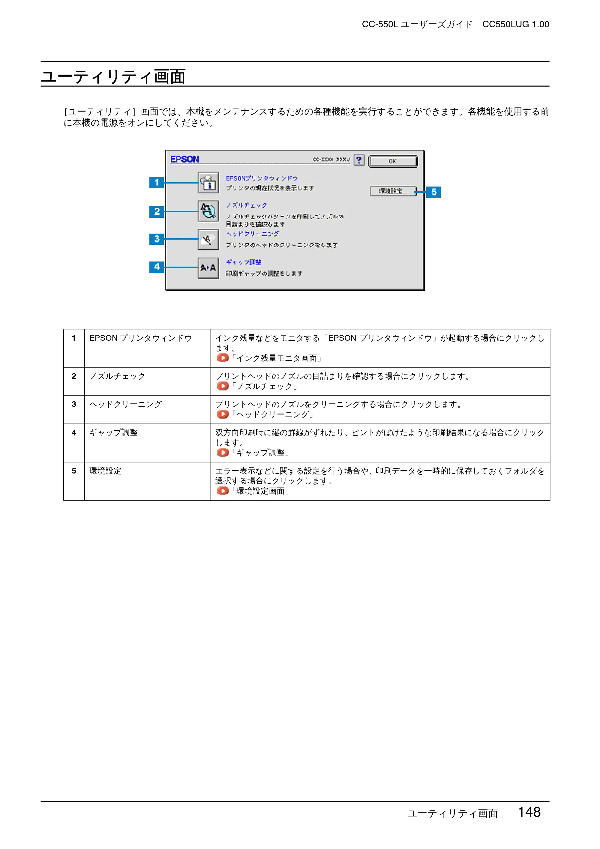 エプソン CC-550L ユーザーズガイド(Macintosh版) — ユーティリティ画面 — 原本ページ — 148ページ
