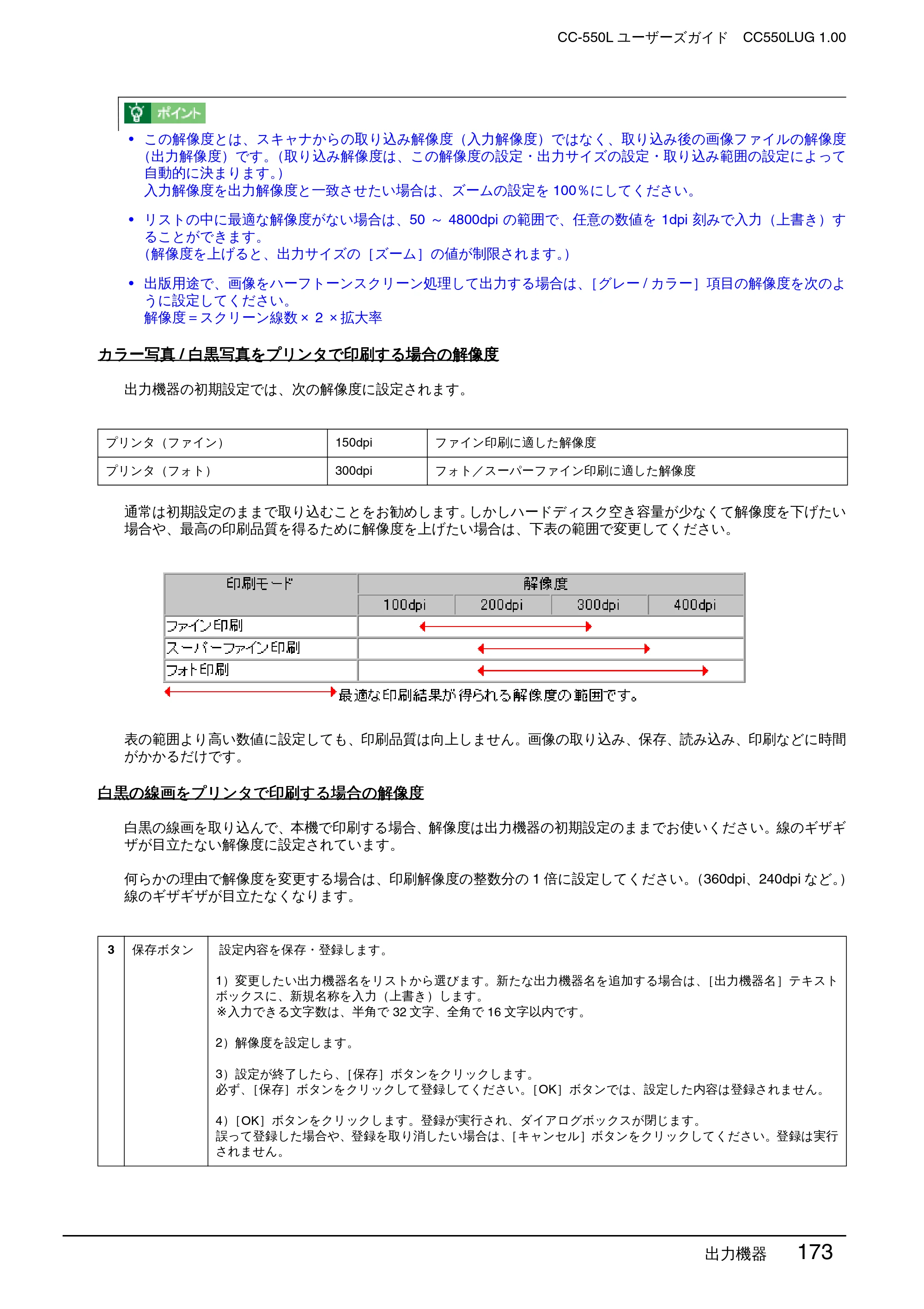 エプソン CC-550L ユーザーズガイド(Macintosh版) — カラー写真 / 白黒写真をプリンタで印刷する場合の解像度 — 原本ページ — 173ページ