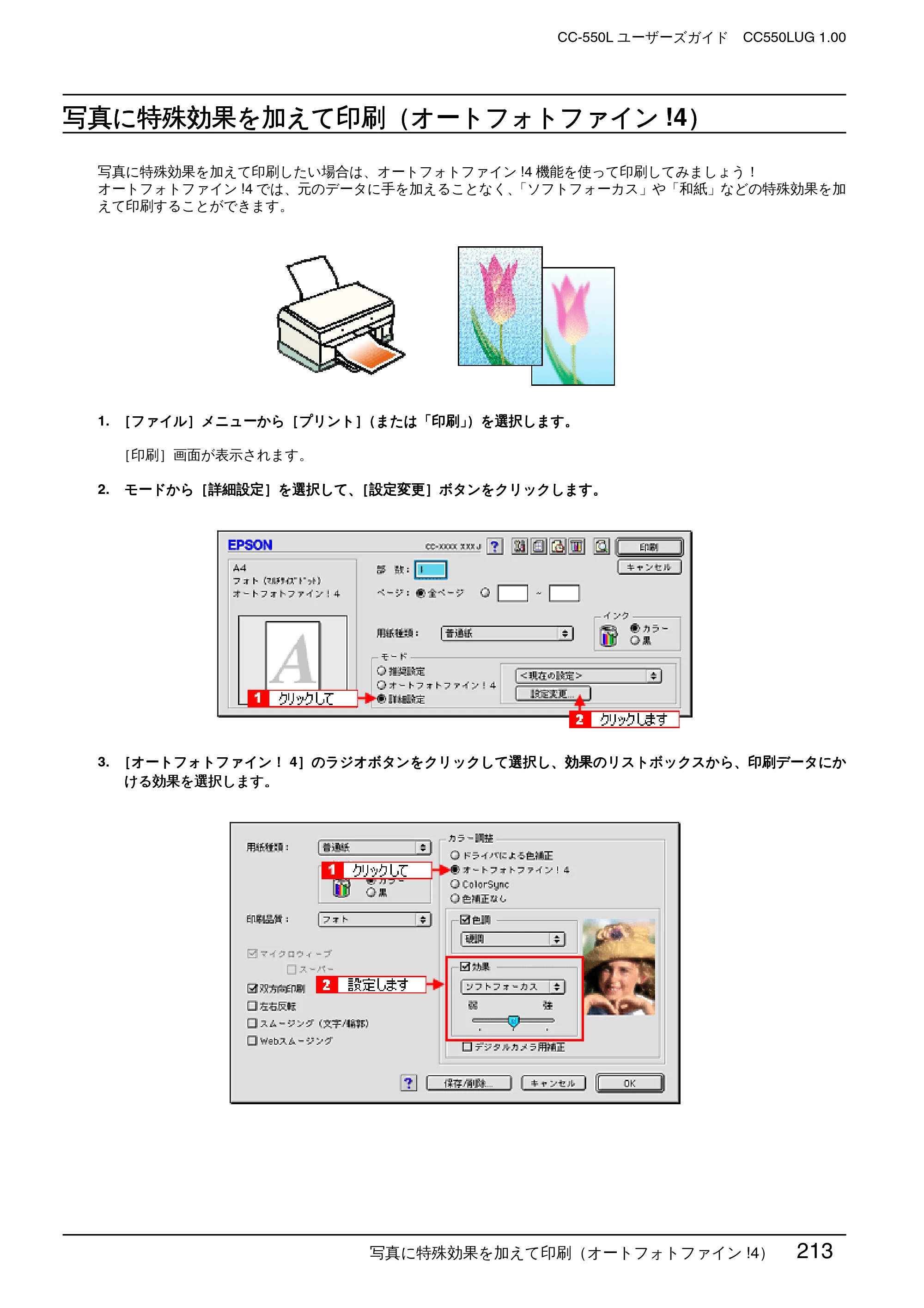 エプソン CC-550L ユーザーズガイド(Macintosh版) — 写真に特殊効果を加えて印刷(オートフォトファイン!4) — 原本ページ — 213ページ
