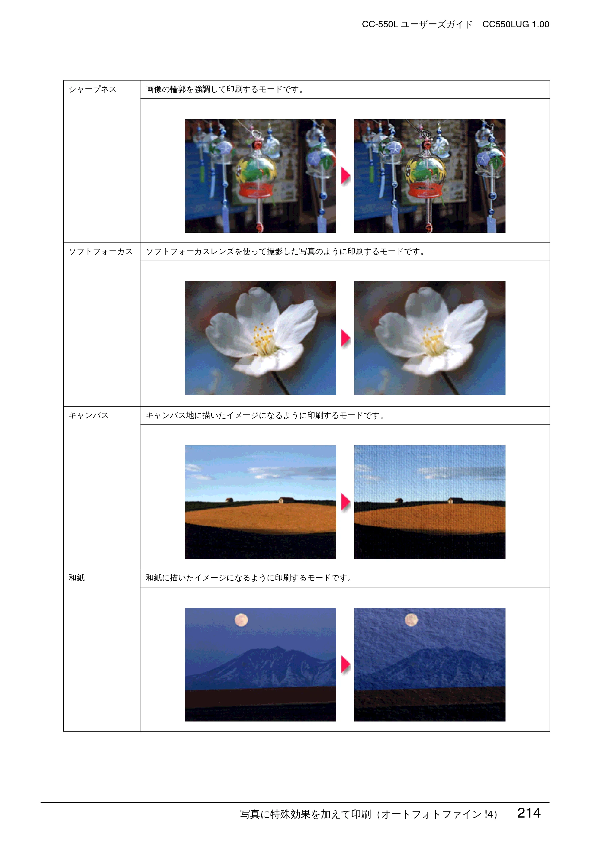 エプソン CC-550L ユーザーズガイド(Macintosh版) — 写真に特殊効果を加えて印刷(オートフォトファイン!4) 214 — 原本ページ — 214ページ