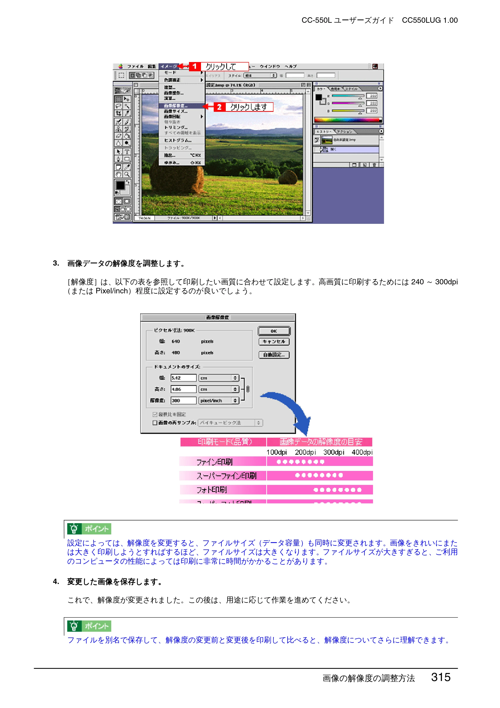 エプソン CC-550L ユーザーズガイド(Macintosh版) — 画像の解像度の調整方法 315 — 原本ページ — 315ページ