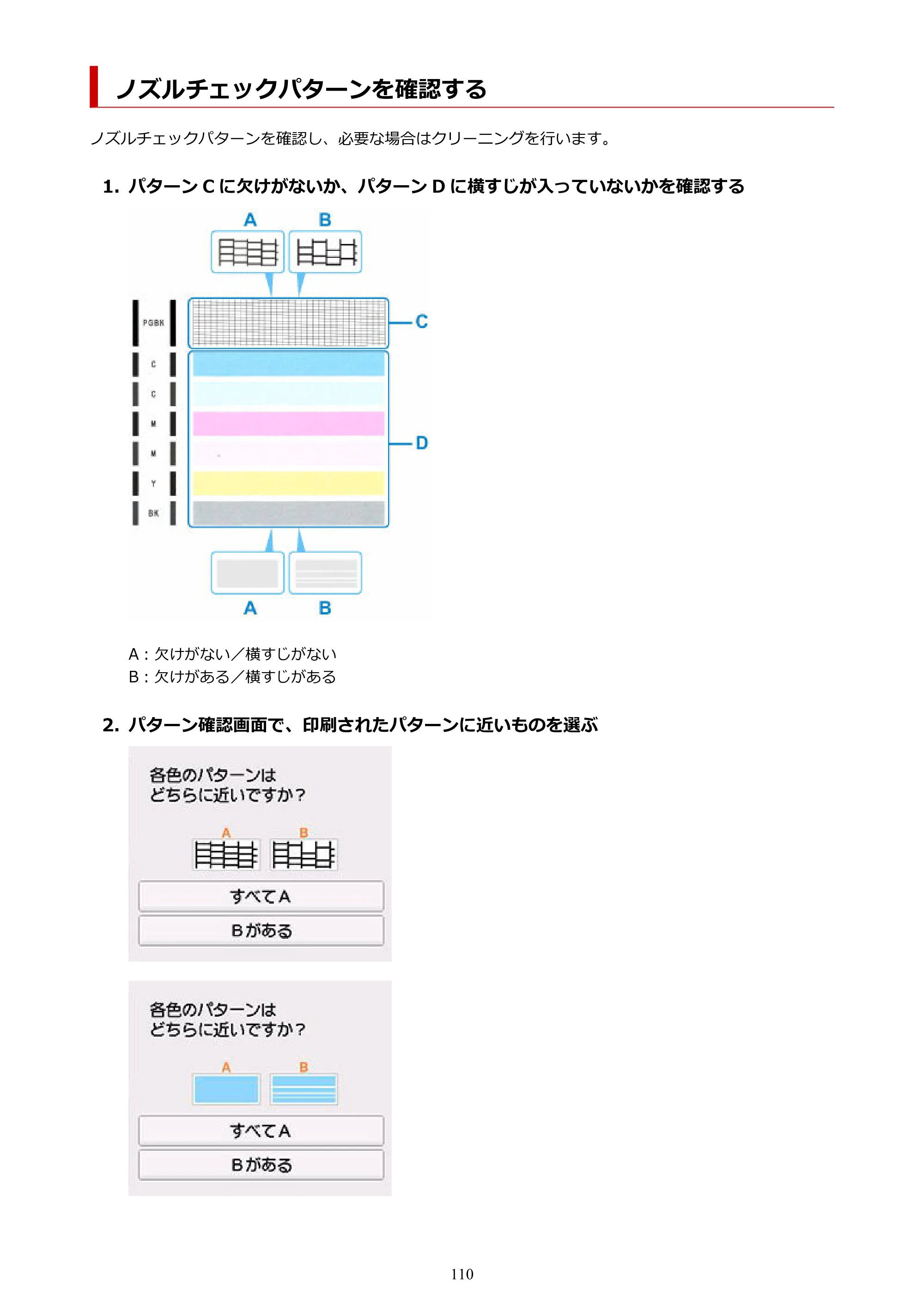キヤノン PIXUS XK140 オンラインマニュアル PDF版 2025年10月22日掲載（PDF：5.8MB） — ノズルチェックパターンを確認する — 原本ページ — 110ページ