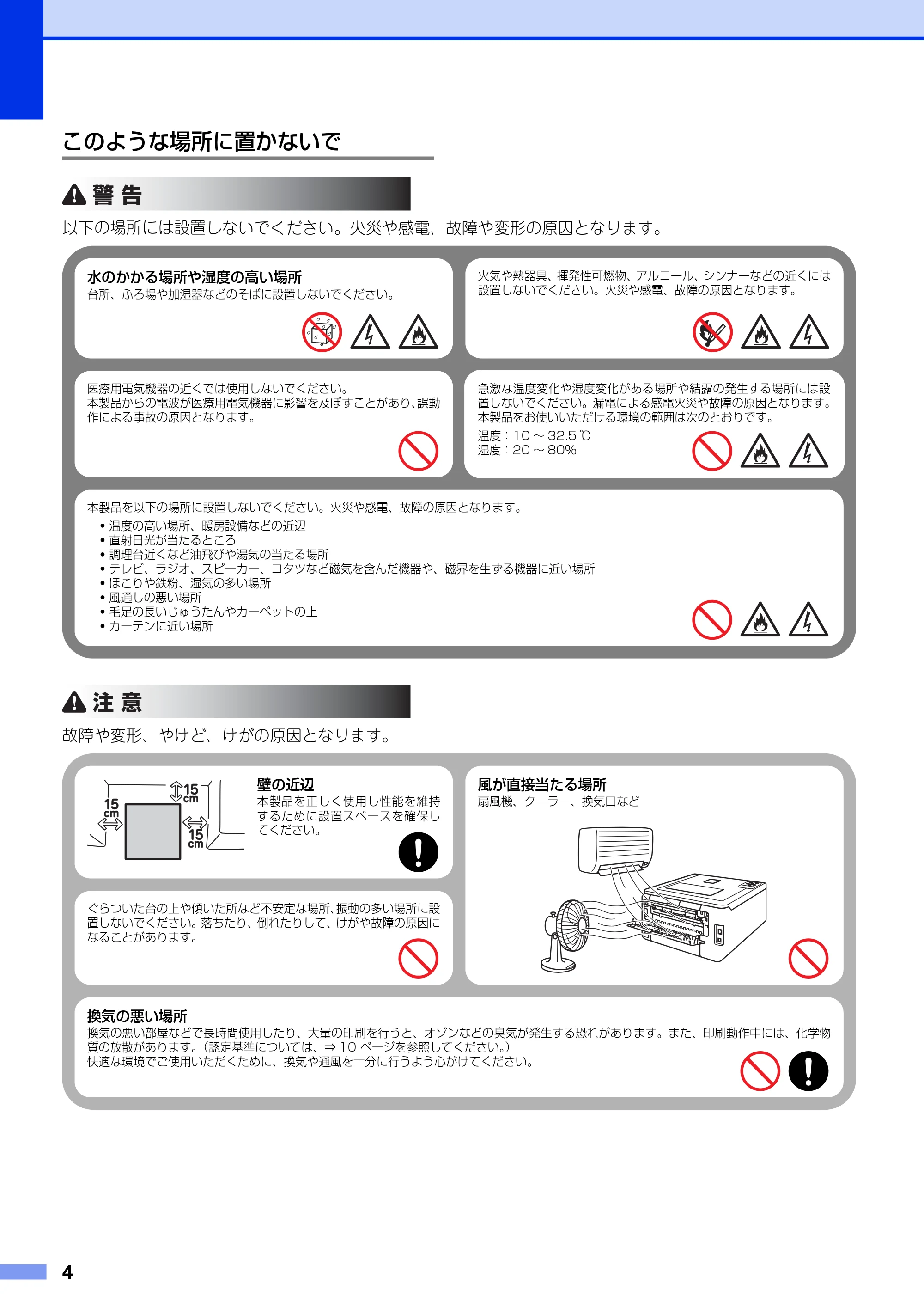 ブラザー DCP-9020CDW / HL-3140CW / HL-3170CDW 安全にお使いいただくために — このような場所に置かないで — 原本ページ — 4ページ