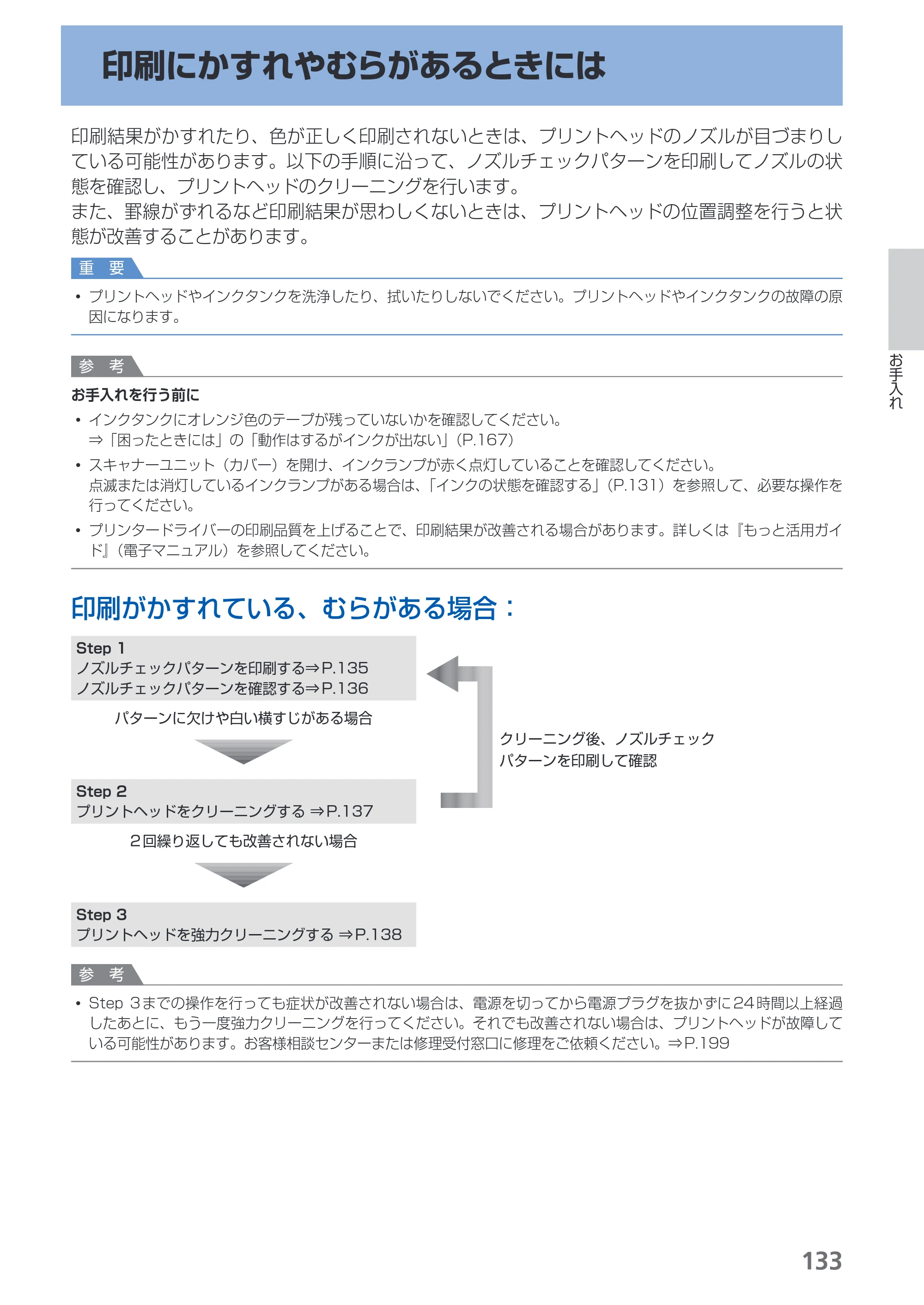 キヤノン PIXUS MX870 らくらく操作ガイド （PDF形式／23.05Mバイト） — 印刷にかすれやむらがあるときには — 原本ページ — 135ページ