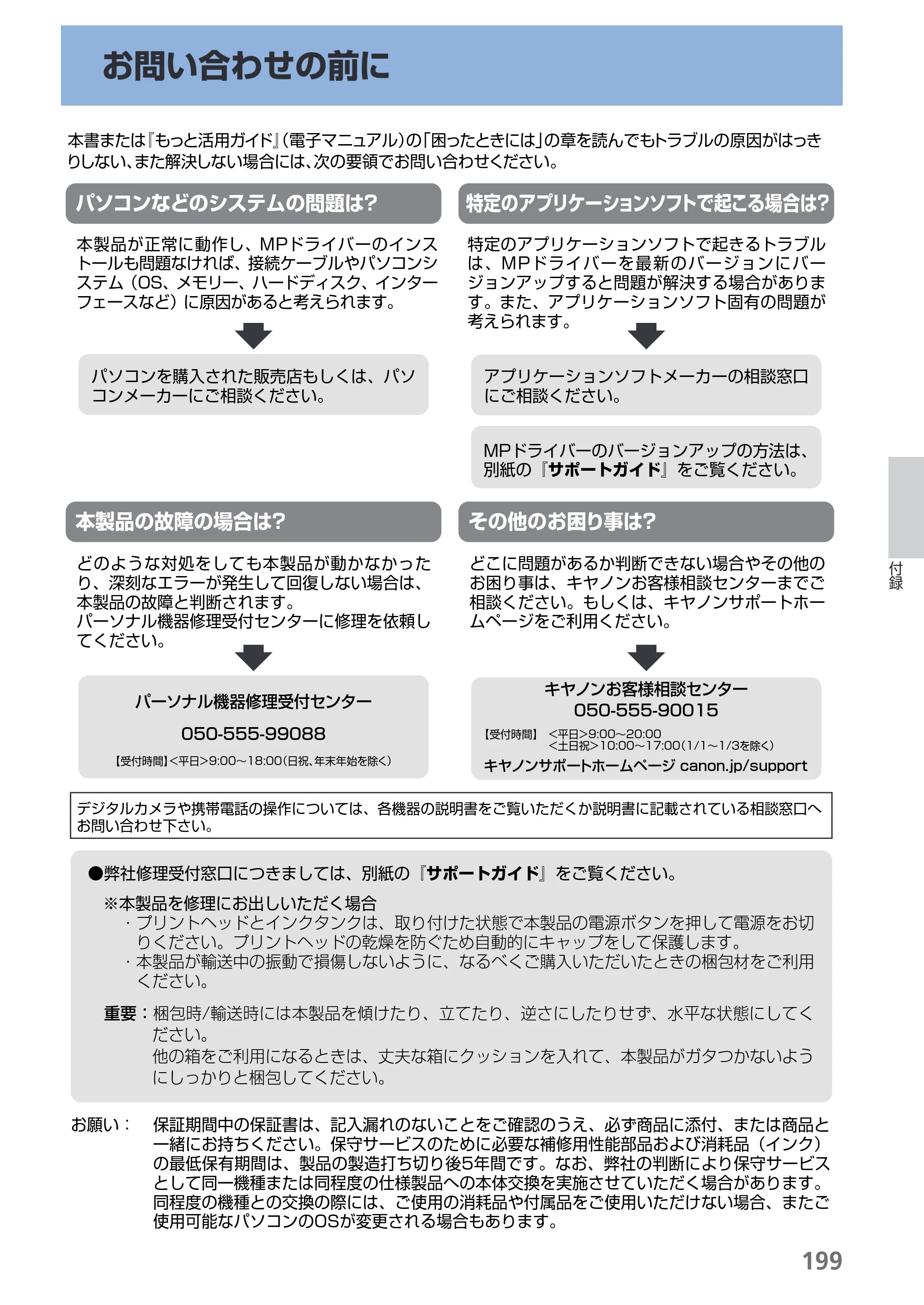 キヤノン PIXUS MX870 らくらく操作ガイド （PDF形式／23.05Mバイト） — お問い合わせの前に — 原本ページ — 201ページ