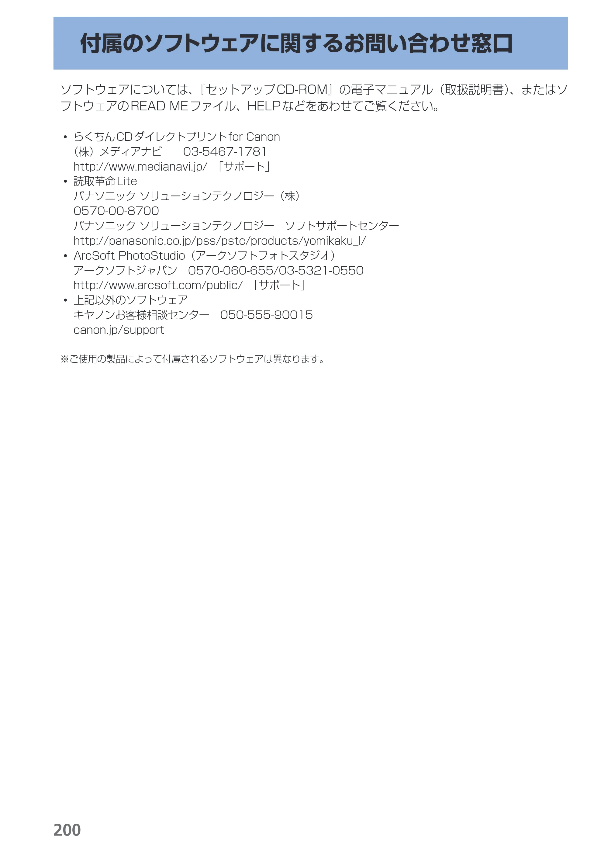 キヤノン PIXUS MX870 らくらく操作ガイド （PDF形式／23.05Mバイト） — 付属のソフトウェアに関するお問い合わせ窓口 — 原本ページ — 202ページ