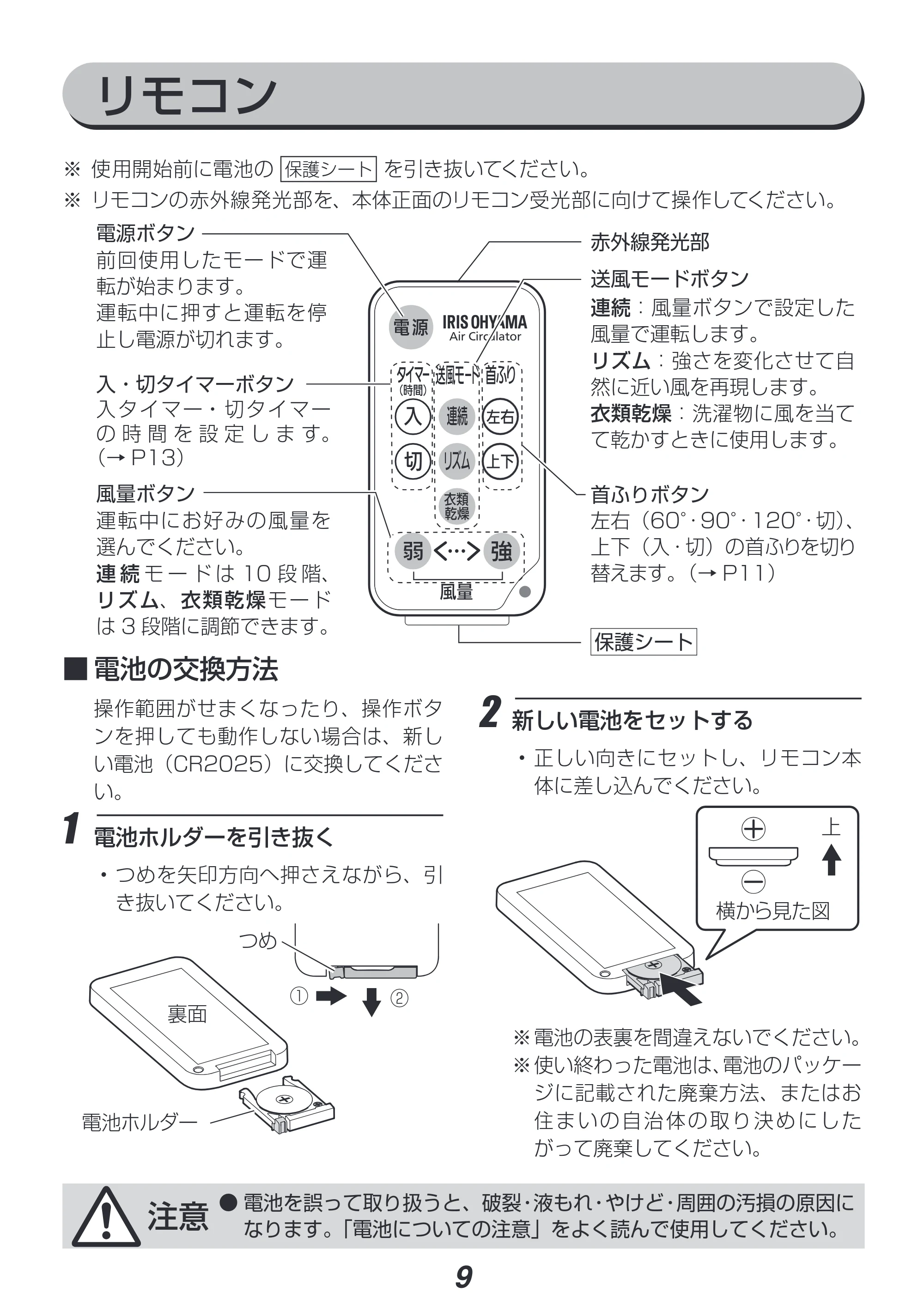 アイリスオーヤマ KCF-SDC151T 取扱説明書 — リモコン — 原本ページ — 9ページ