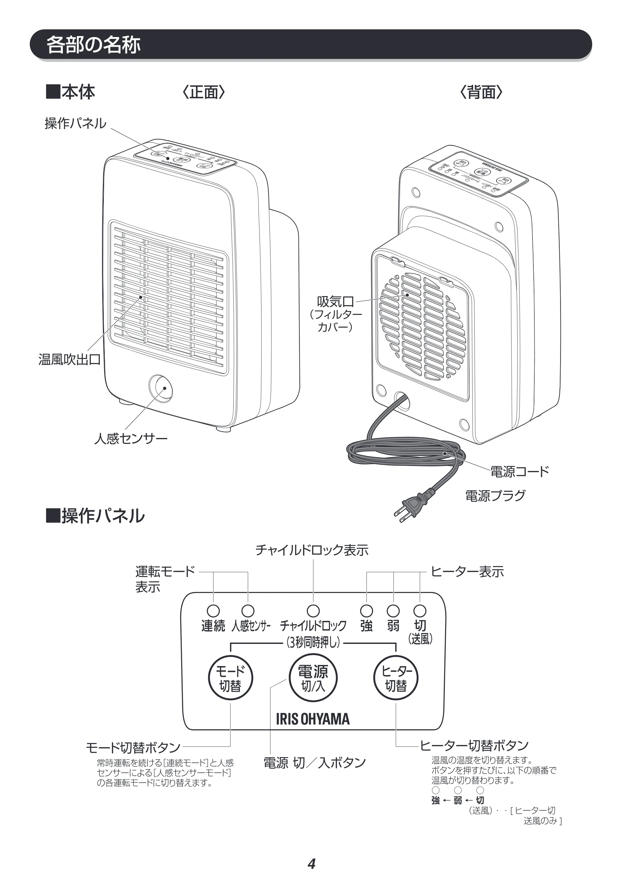 アイリスオーヤマ JCH-M082T 取扱説明書 — 各部の名称 — 原本ページ — 4ページ