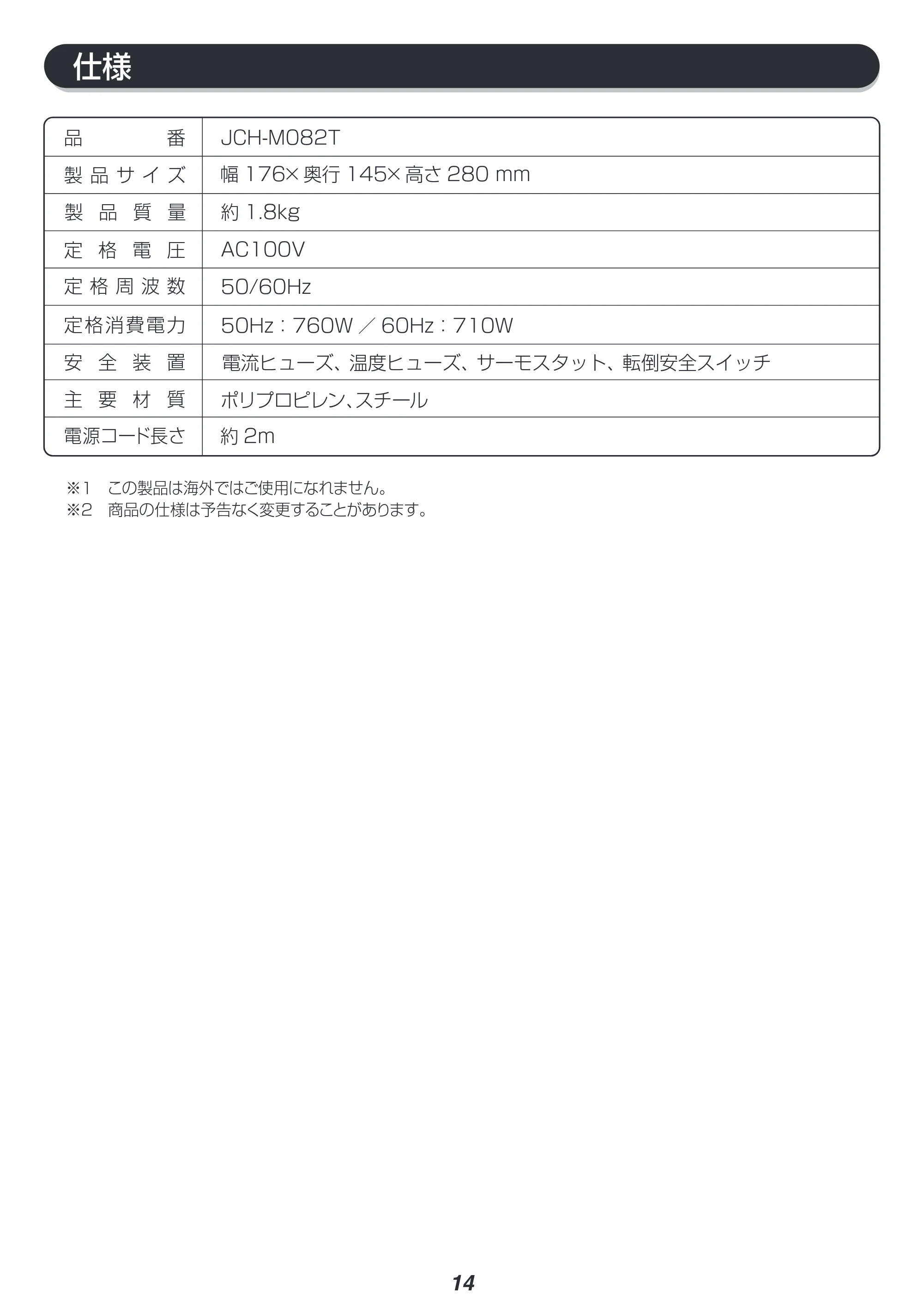 アイリスオーヤマ JCH-M082T 取扱説明書 — 原本ページ — 14ページ
