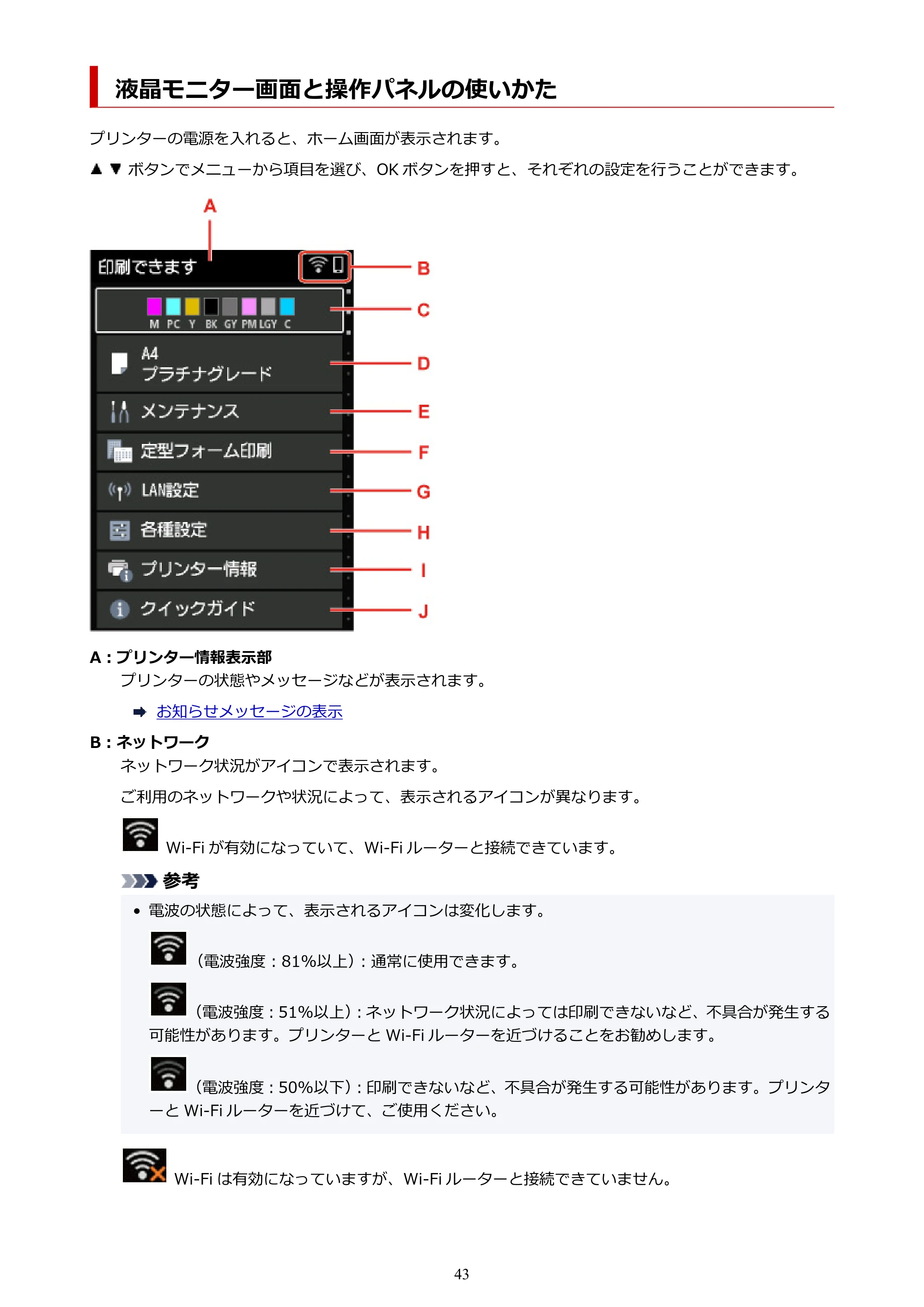 キヤノン PIXUS PRO-S1 オンラインマニュアル PDF版 (Windows版) 2022年3月3日掲載(PDF:14.0MB) — 液晶モニター画面と操作パネルの使いかた — 原本ページ — 43ページ