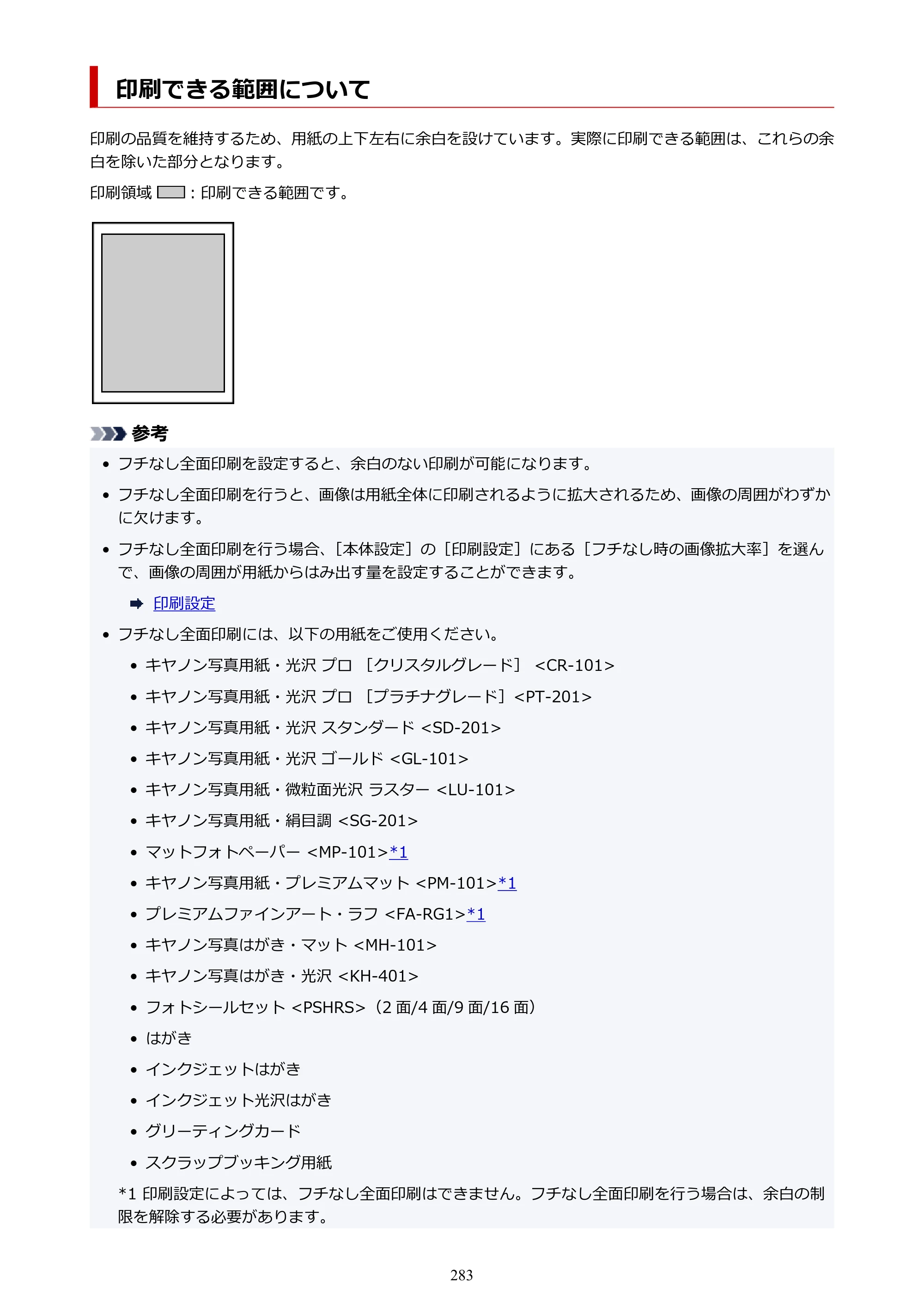 キヤノン PIXUS PRO-S1 オンラインマニュアル PDF版 （Windows版） 2022年3月3日掲載（PDF：14.0MB） — 印刷できる範囲について — 原本ページ — 283ページ