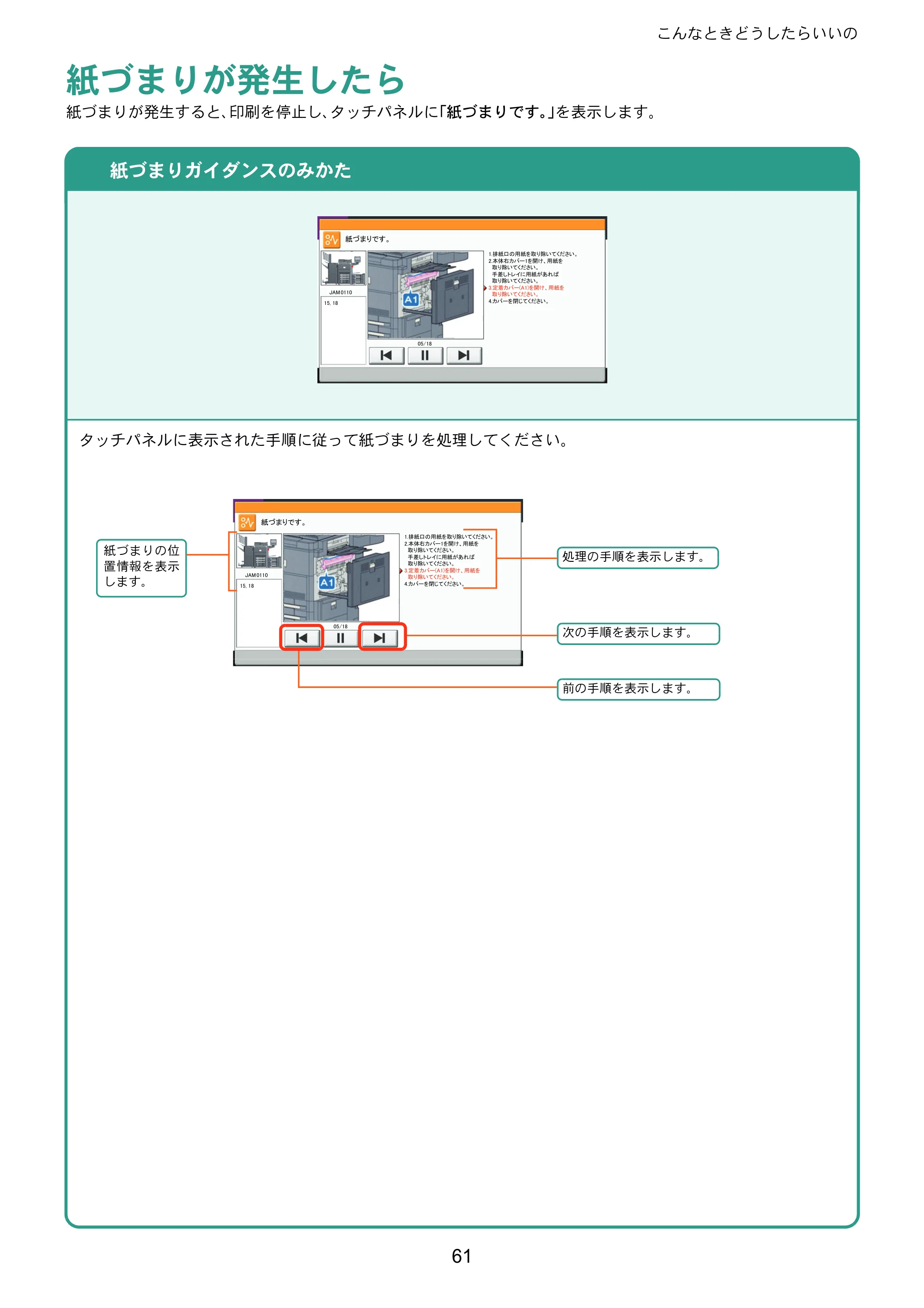 京セラ TASKalfa 6551ci / TASKalfa 7551ci TASKalfa 7551ci/6551ci クイックガイド — 紙づまりが発生したら — 原本ページ — 61ページ
