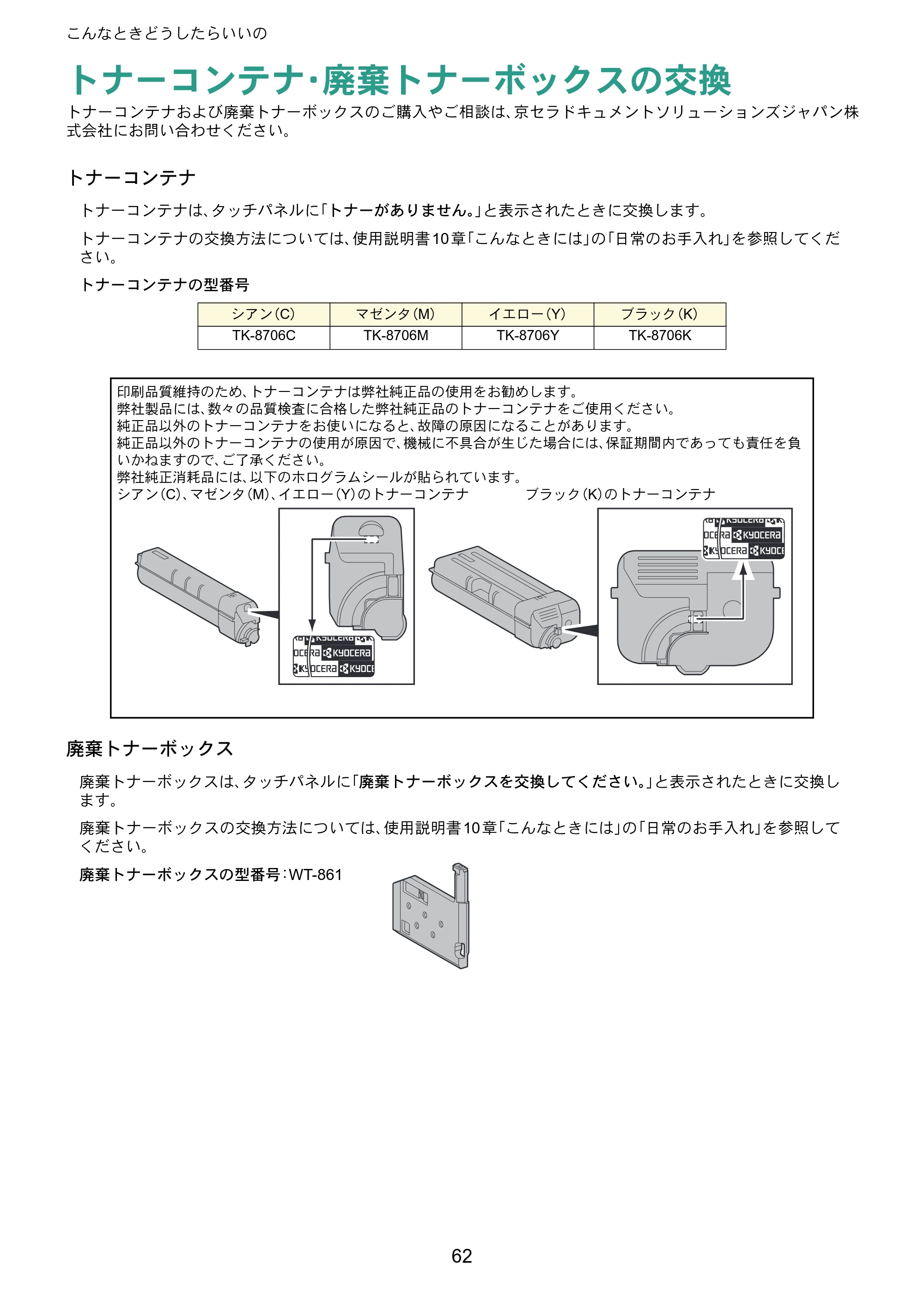 京セラ TASKalfa 6551ci / TASKalfa 7551ci TASKalfa 7551ci/6551ci クイックガイド — トナーコンテナ・廃棄トナーボックスの交換 — 原本ページ — 62ページ