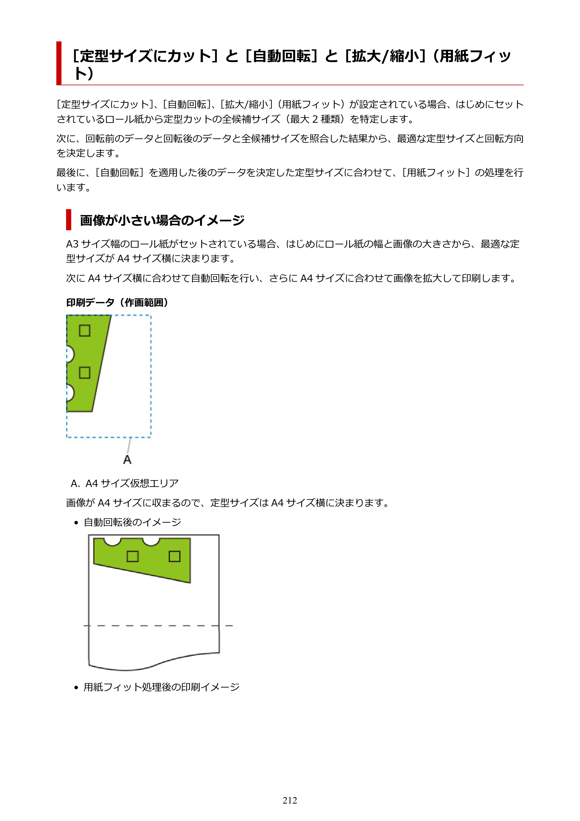キヤノン TM-300/TM-300 MFP TM-300 オンラインマニュアル PDF版（Mac版）2023年1月26日更新（PDF：19.3MB） — ［定型サイズにカット］と［自動回転］と［拡大/縮小］（用紙フィット） — 原本ページ — 212ページ