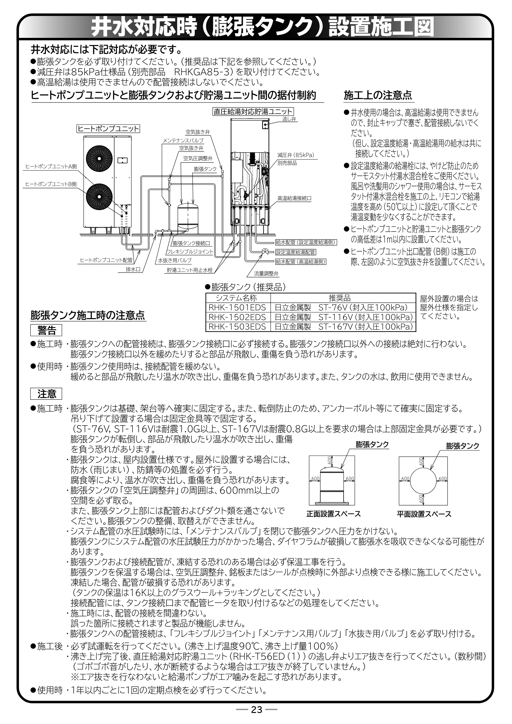 日立 RHK-15ED / RHK-15EDK 取扱説明書 — 井水対応時（膨張タンク）設置施工図 — 原本ページ — 75ページ