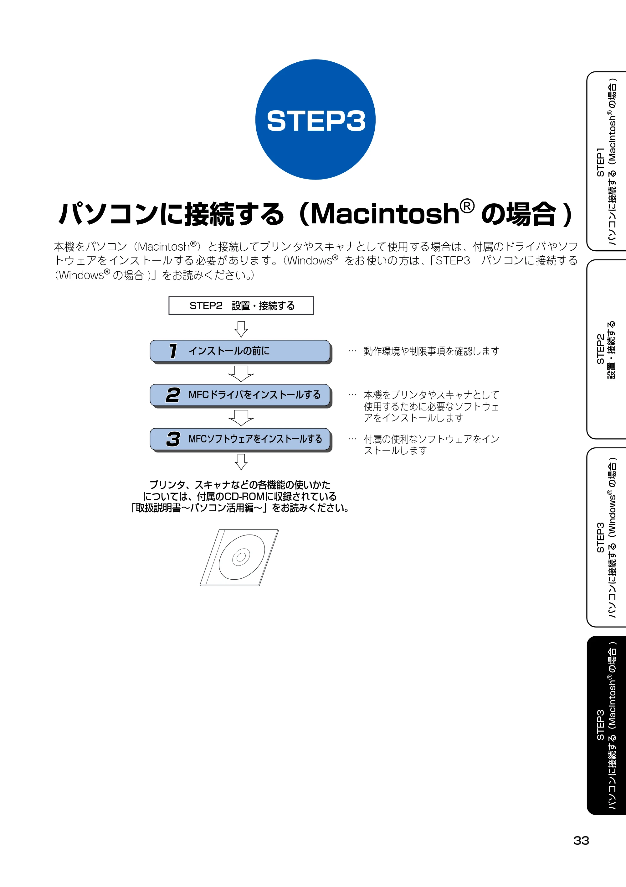 ブラザー MFC-100 かんたん設置ガイド — STEP3 パソコンに接続する(Macintoshの場合) — 原本ページ — 34ページ
